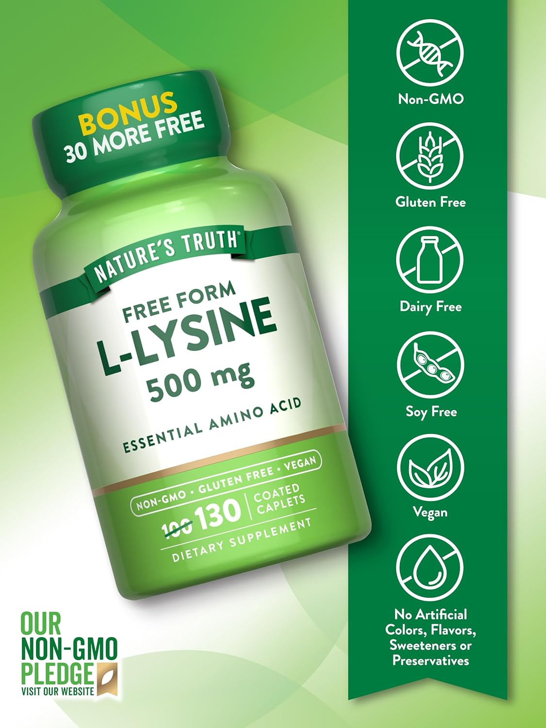 Free Form L-Lysine 500mg Caplets - Essential Amino Acid Supplement - Non-GMO & Gluten Free - 130 Count