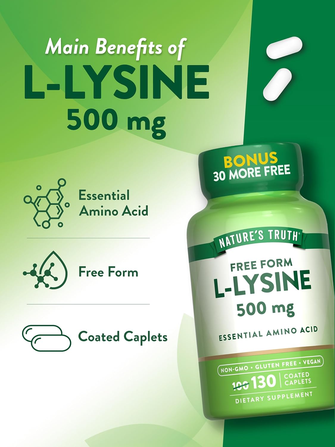 Free Form L-Lysine 500mg Caplets - Essential Amino Acid Supplement - Non-GMO & Gluten Free - 130 Count