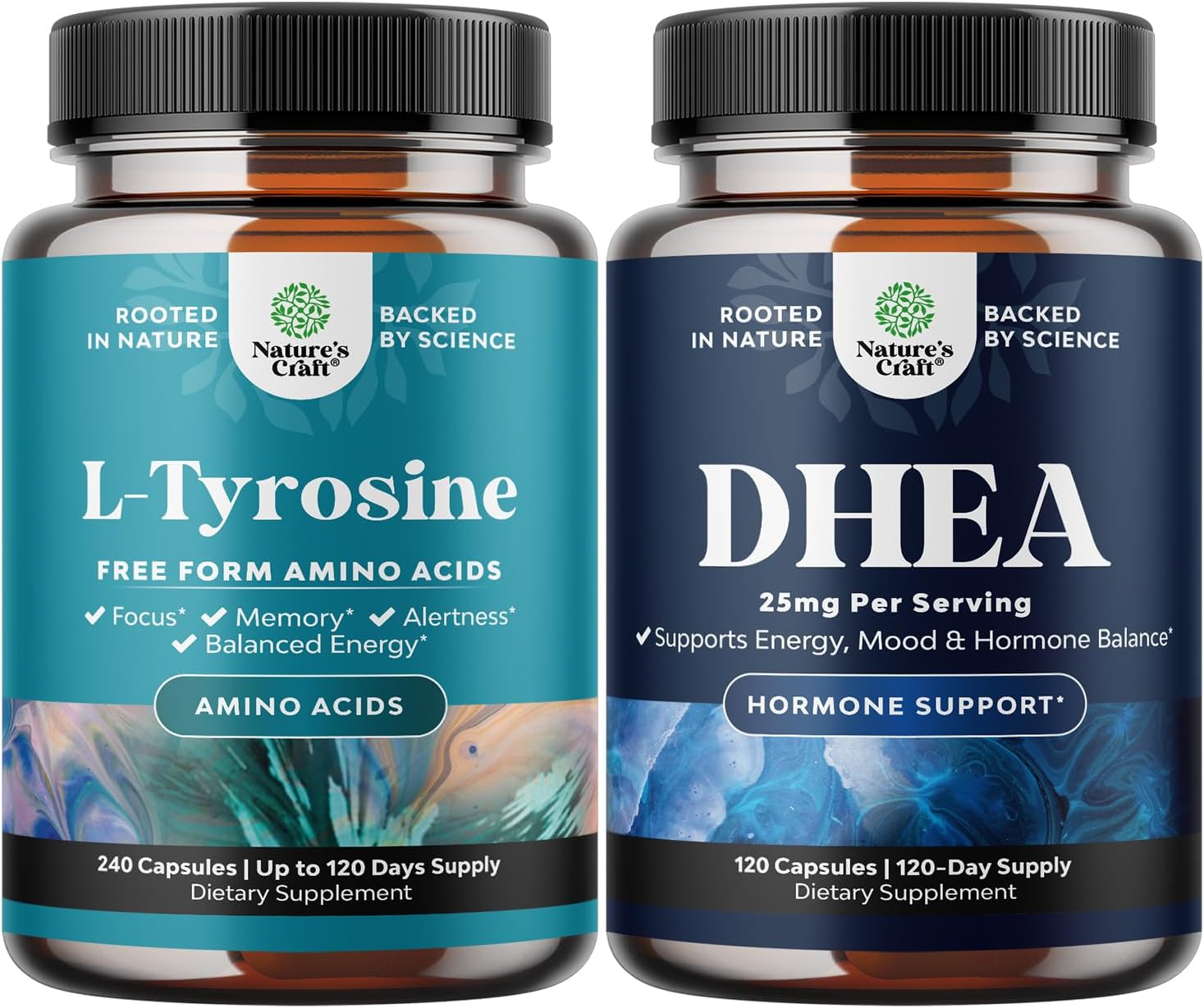 Free Form L Tyrosine 500mg & Pure DHEA 25mg Capsules Bundle for Energy, Focus, Mood, and Immune Support