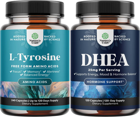 Free Form L Tyrosine 500mg & Pure DHEA 25mg Capsules Bundle for Energy, Focus, Mood, and Immune Support