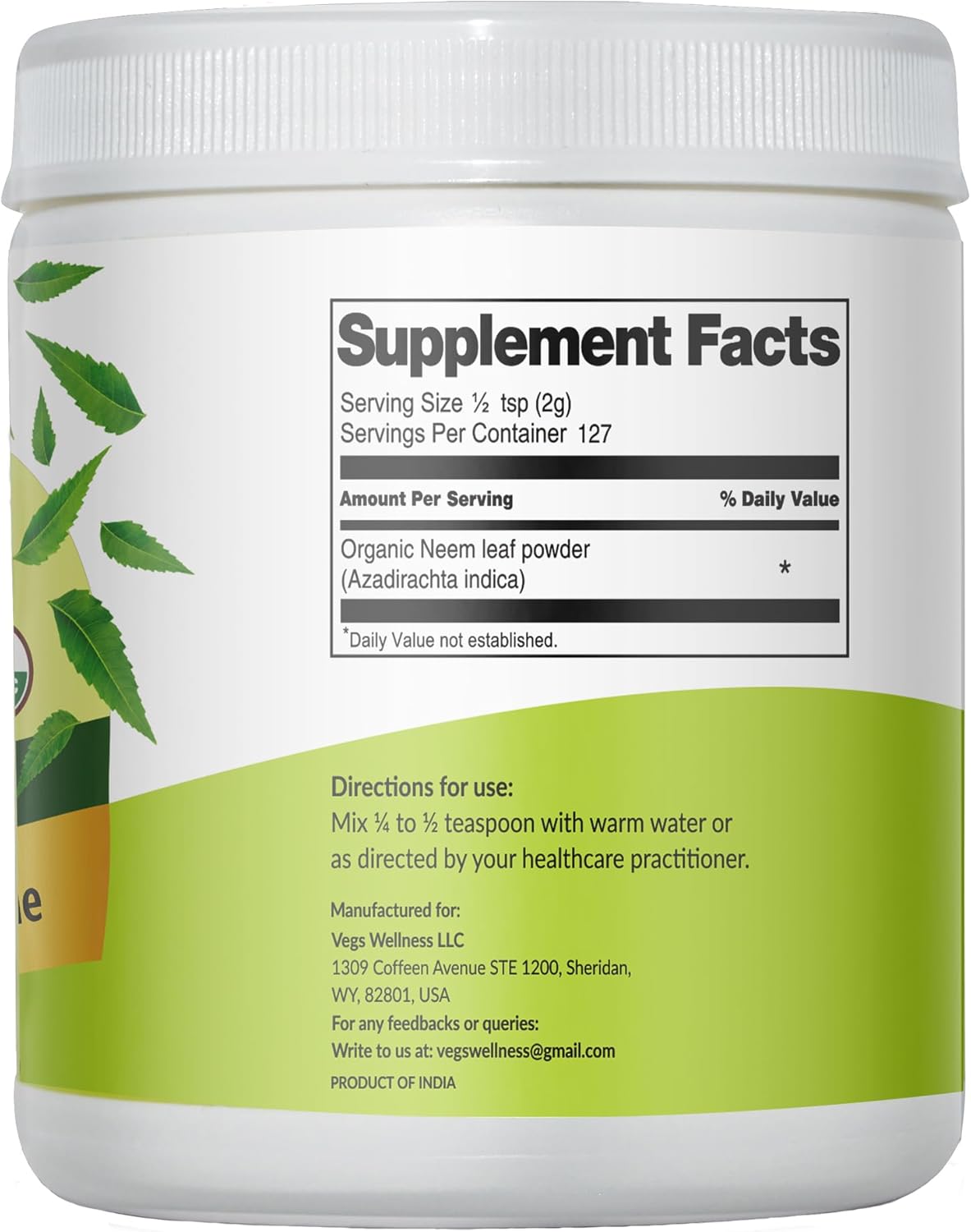 Freeze Dried Organic Neem Leaf Powder - 9 oz - Promotes Hair Growth, Skin Health, Gut Health, Immunity Boost - Natural Cleansing Supplement