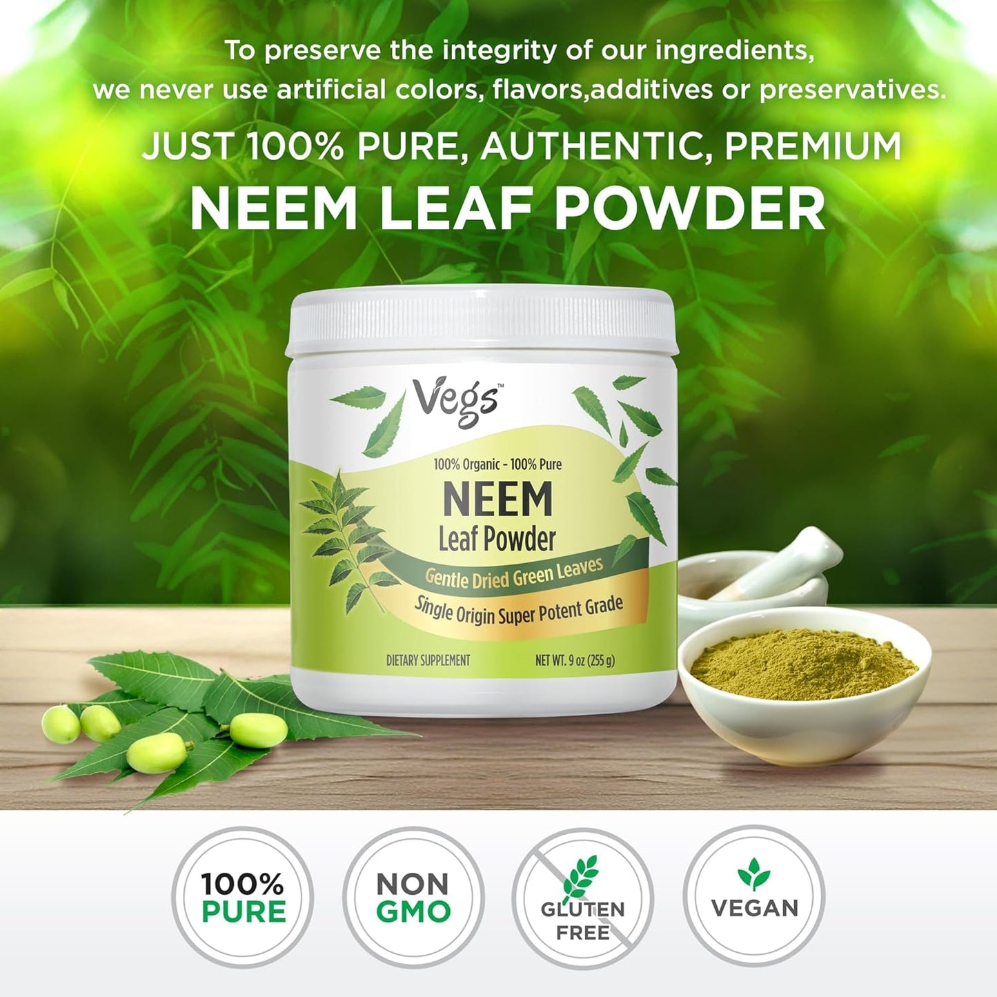 Freeze Dried Organic Neem Leaf Powder - 9 oz - Promotes Hair Growth, Skin Health, Gut Health, Immunity Boost - Natural Cleansing Supplement