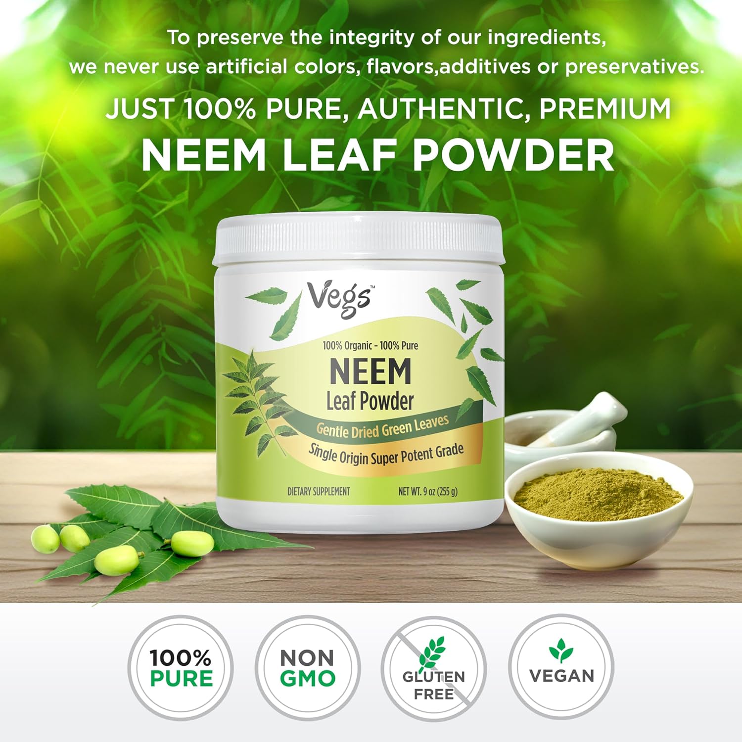 Freeze Dried Organic Neem Leaf Powder - 9 oz - Promotes Hair Growth, Skin Health, Gut Health, Immunity Boost - Natural Cleansing Supplement