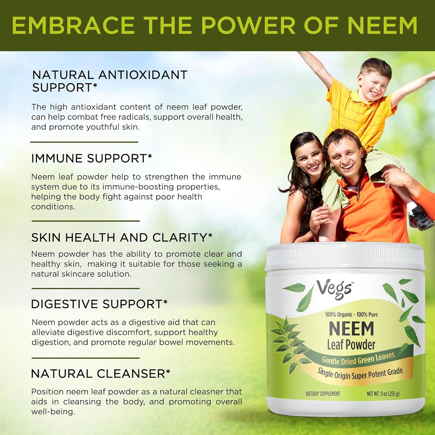 Freeze Dried Organic Neem Leaf Powder - 9 oz - Promotes Hair Growth, Skin Health, Gut Health, Immunity Boost - Natural Cleansing Supplement