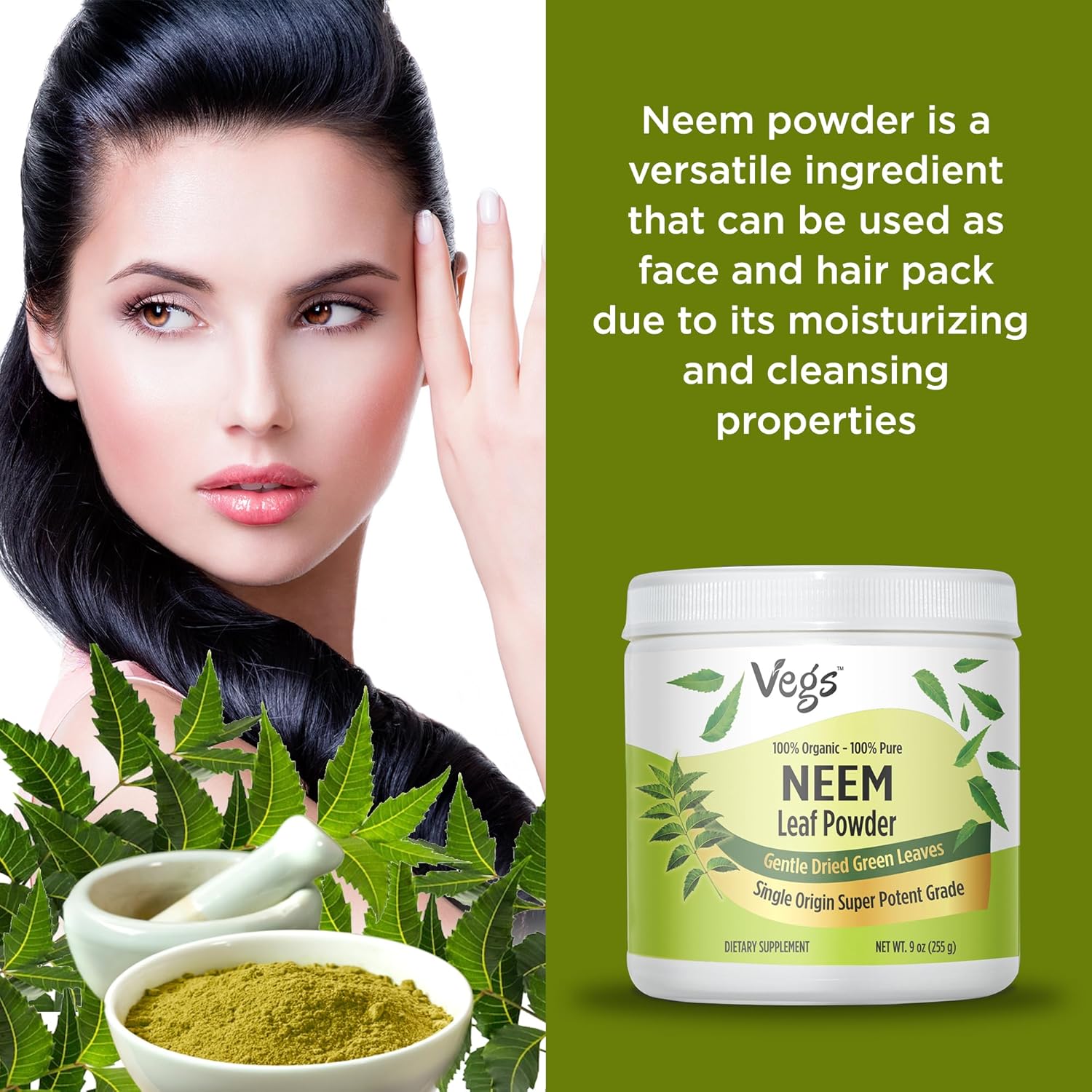 Freeze Dried Organic Neem Leaf Powder - 9 oz - Promotes Hair Growth, Skin Health, Gut Health, Immunity Boost - Natural Cleansing Supplement