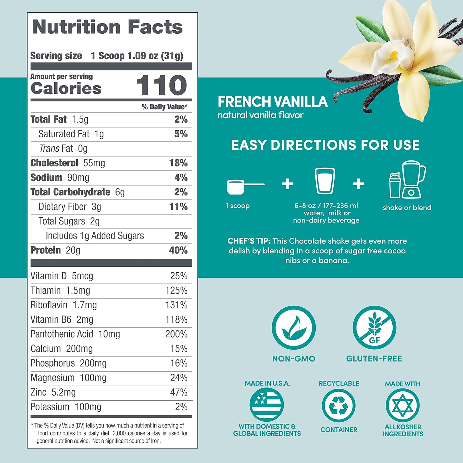 French Vanilla Designer Whey Protein Powder with Probiotics, Fiber, and B-Vitamins for Energy - 4 lb Gluten-Free Option