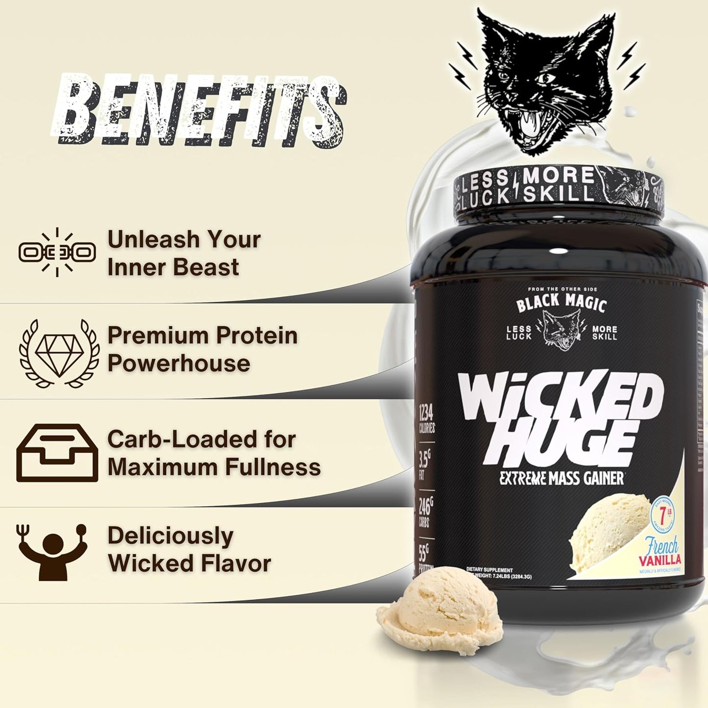 French Vanilla Mass Gainer Protein Powder Bundle for Muscle Support - Compatible with Black Magic Wicked Huge, 7.24 LBS Supplement with Keychain