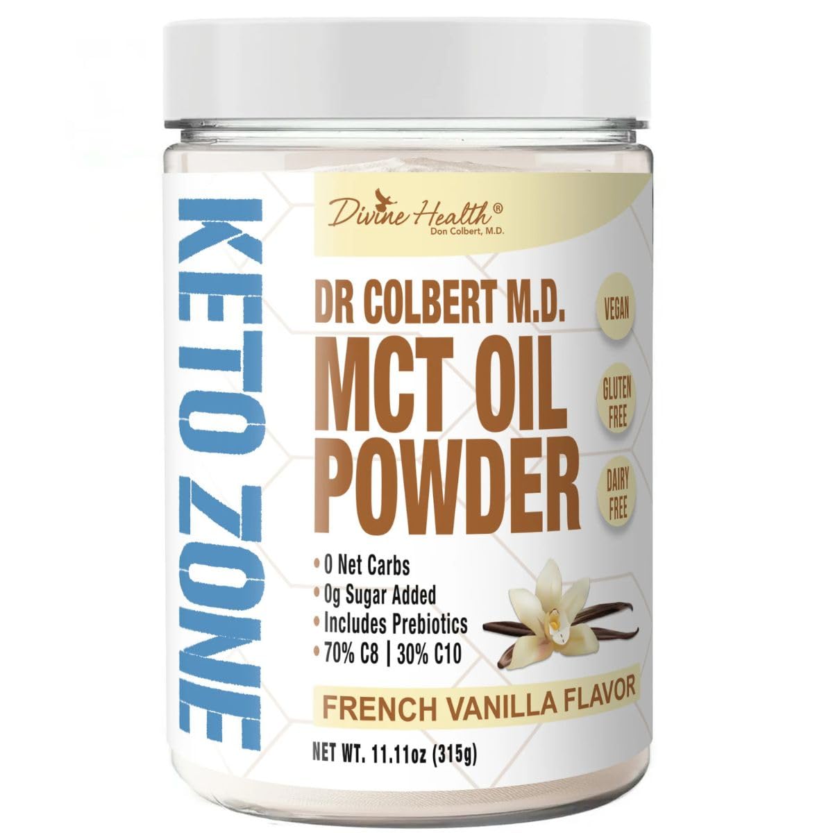French Vanilla MCT Oil Powder for Keto Zone Diet by Dr. Colbert - 315g, 30 Day Supply - Coffee Creamer with 70% C8 30% C10, 0 Net Carbs
