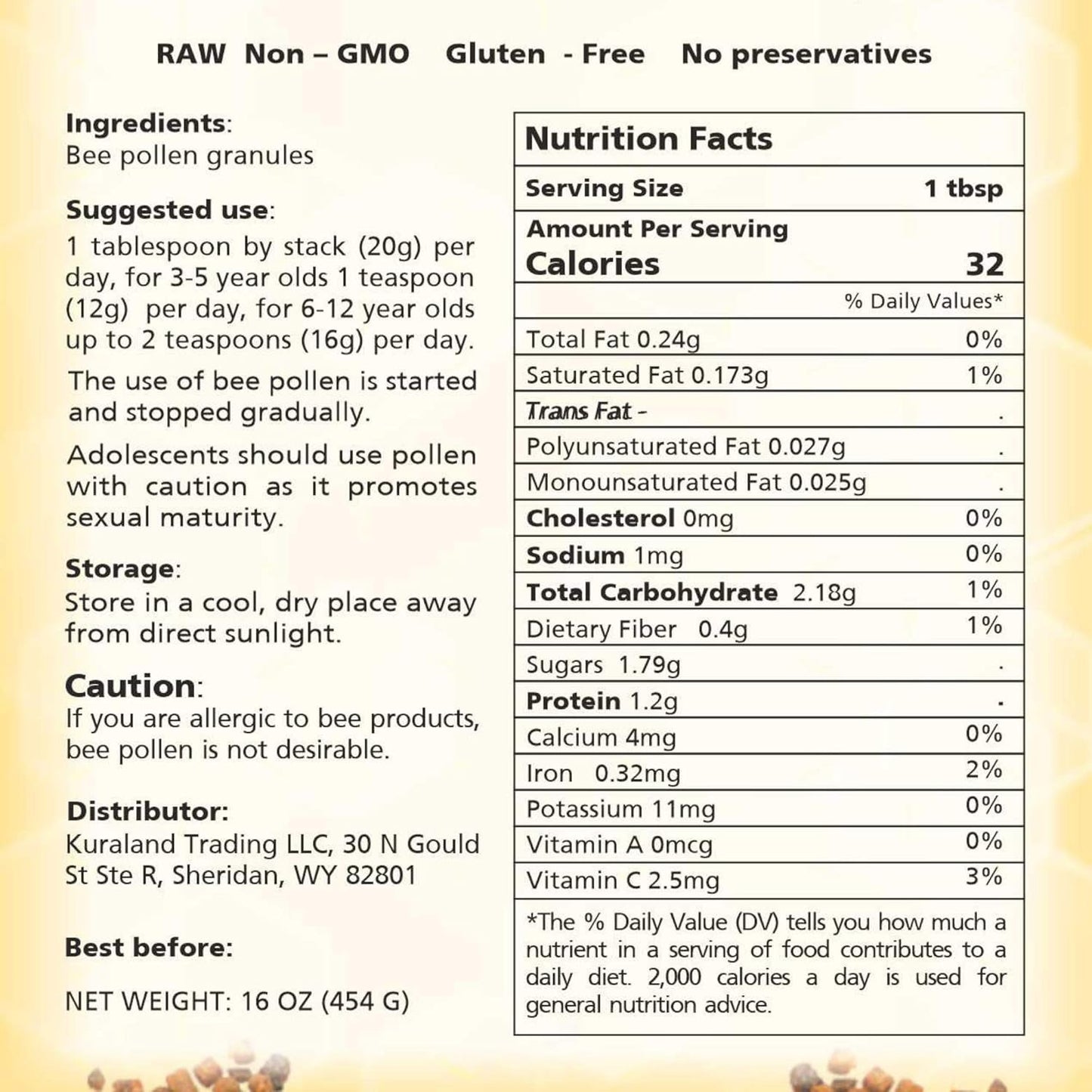 Fresh Wild Bee Pollen Granules - Raw, Pure, Natural - Non GMO, No Preservatives - 16 OZ by Honey Treat