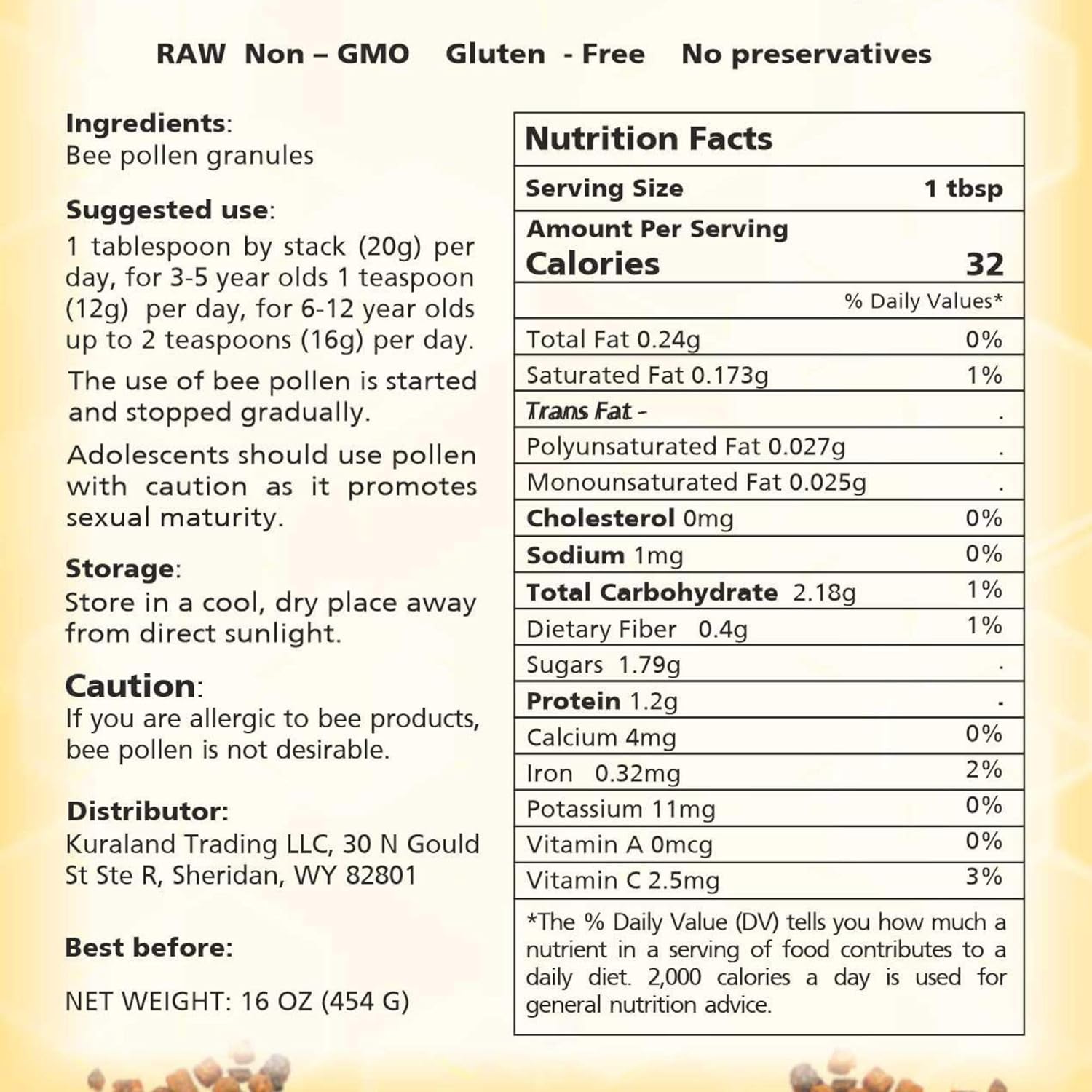 Fresh Wild Bee Pollen Granules - Raw, Pure, Natural - Non GMO, No Preservatives - 16 OZ by Honey Treat