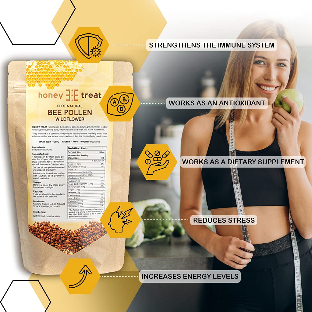 Fresh Wild Bee Pollen Granules - Raw, Pure, Natural - Non GMO, No Preservatives - 16 OZ by Honey Treat