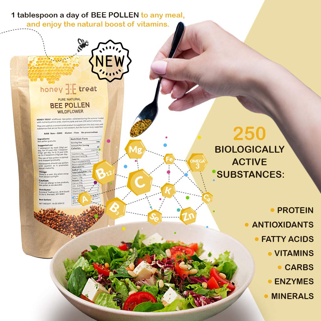 Fresh Wild Bee Pollen Granules - Raw, Pure, Natural - Non GMO, No Preservatives - 16 OZ by Honey Treat