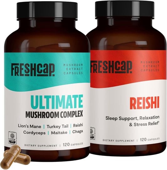 FreshCap Mushrooms Stress Relief Bundle - Reishi & Ultimate Mushroom Complex Capsules for Calm and Relaxation