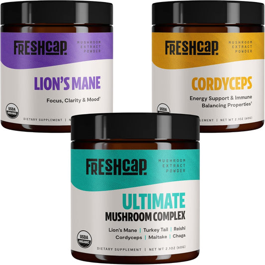 FreshCap Mushrooms Ultimate Blend Starter Kit - Lion's Mane, Cordyceps (60g Powder)