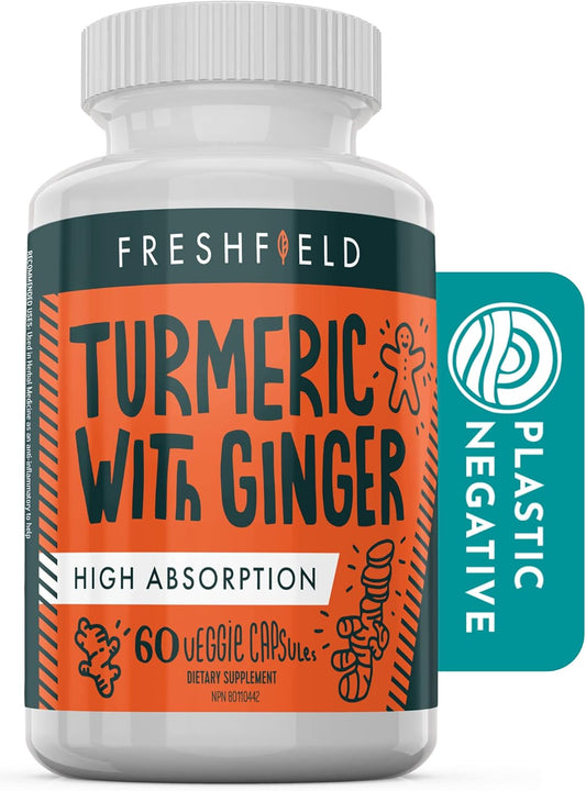 Freshfield Naturals Turmeric and Ginger Supplement with Bioperine® - Vegan Friendly Curcumin Pills, 600mg Bioactive Compounds, High Absorption, 95% Curcuminoids