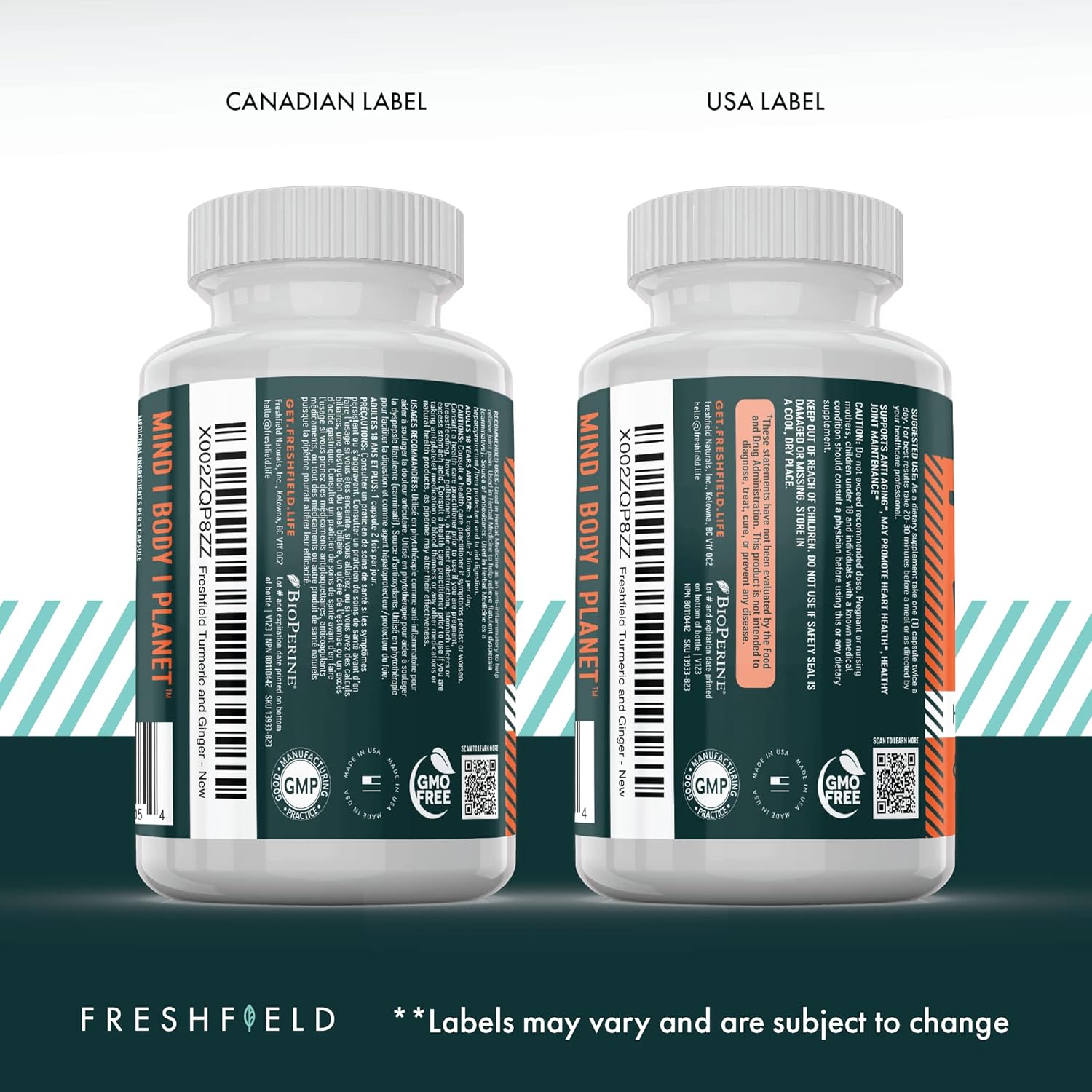 Freshfield Naturals Turmeric and Ginger Supplement with Bioperine® - Vegan Friendly Curcumin Pills, 600mg Bioactive Compounds, High Absorption, 95% Curcuminoids