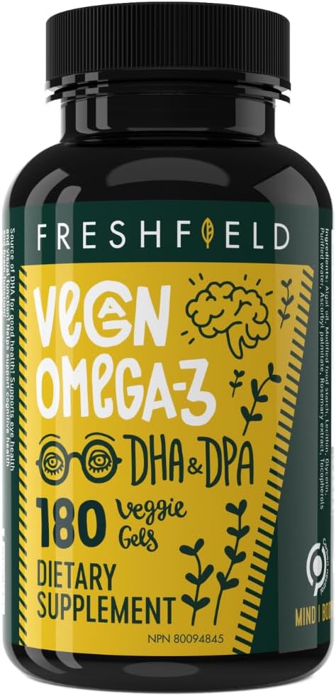 Freshfield Naturals Vegan Omega 3 DHA: Sustainable, Carrageenan Free, Third Party Tested, Compostable Bottle, Carbon Neutral - Supports Heart, Brain, Joint Health with DPA