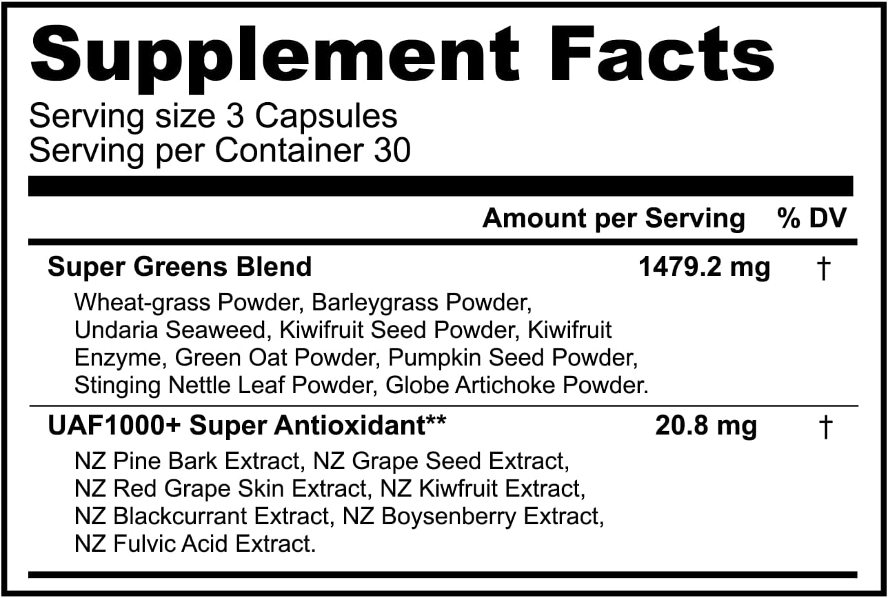 FREZZOR Super Greens Capsules with UAF1000+ for Energy, Antioxidants, and Detox - 90 Capsules