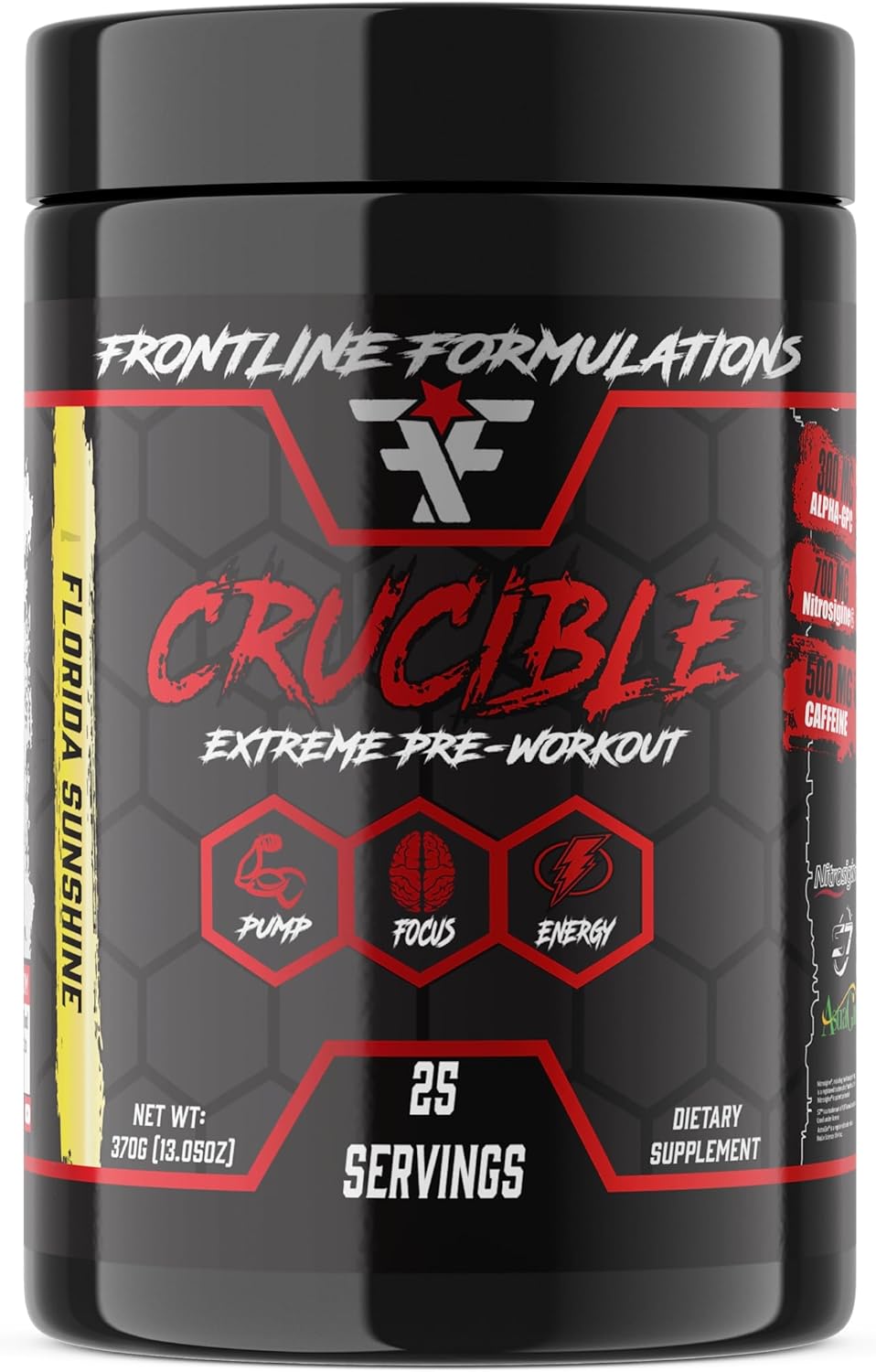 FRONTLINE FORMULATIONS Crucible Pre-Workout Powder - Explosive Workouts with Laser Focus and High Stim - Amazing Flavor - Veteran Owned (25 Servings, Florida Sunshine)