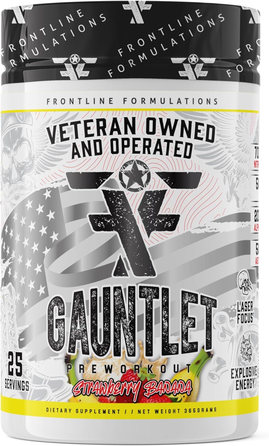 FRONTLINE FORMULATIONS Gauntlet Pre-Workout Powder - Explosive Workouts, Laser Focus, Mid Stim, Strawberry Banana Flavor - 25 Servings
