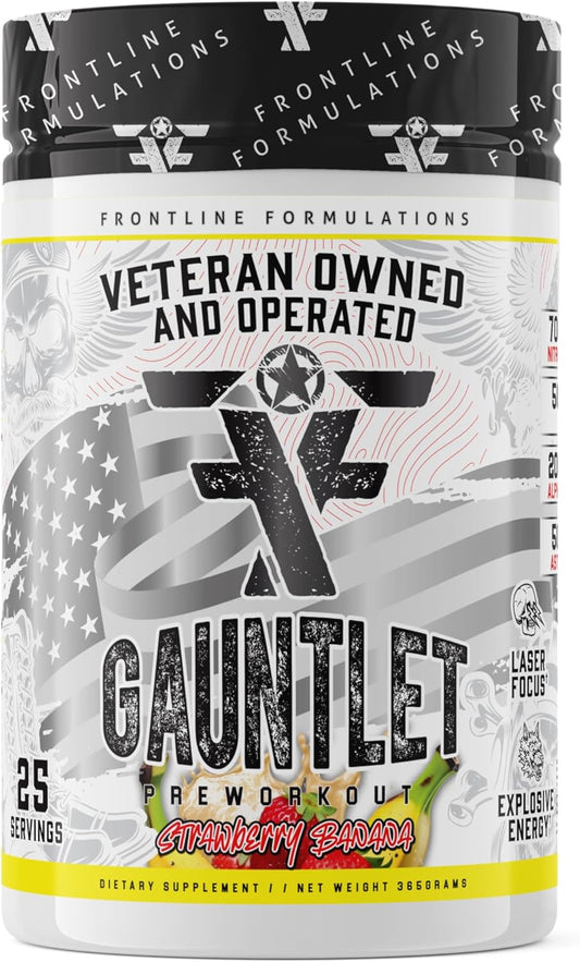 FRONTLINE FORMULATIONS Gauntlet Pre-Workout Powder - Explosive Workouts, Laser Focus, Mid Stim, Strawberry Banana Flavor - 25 Servings