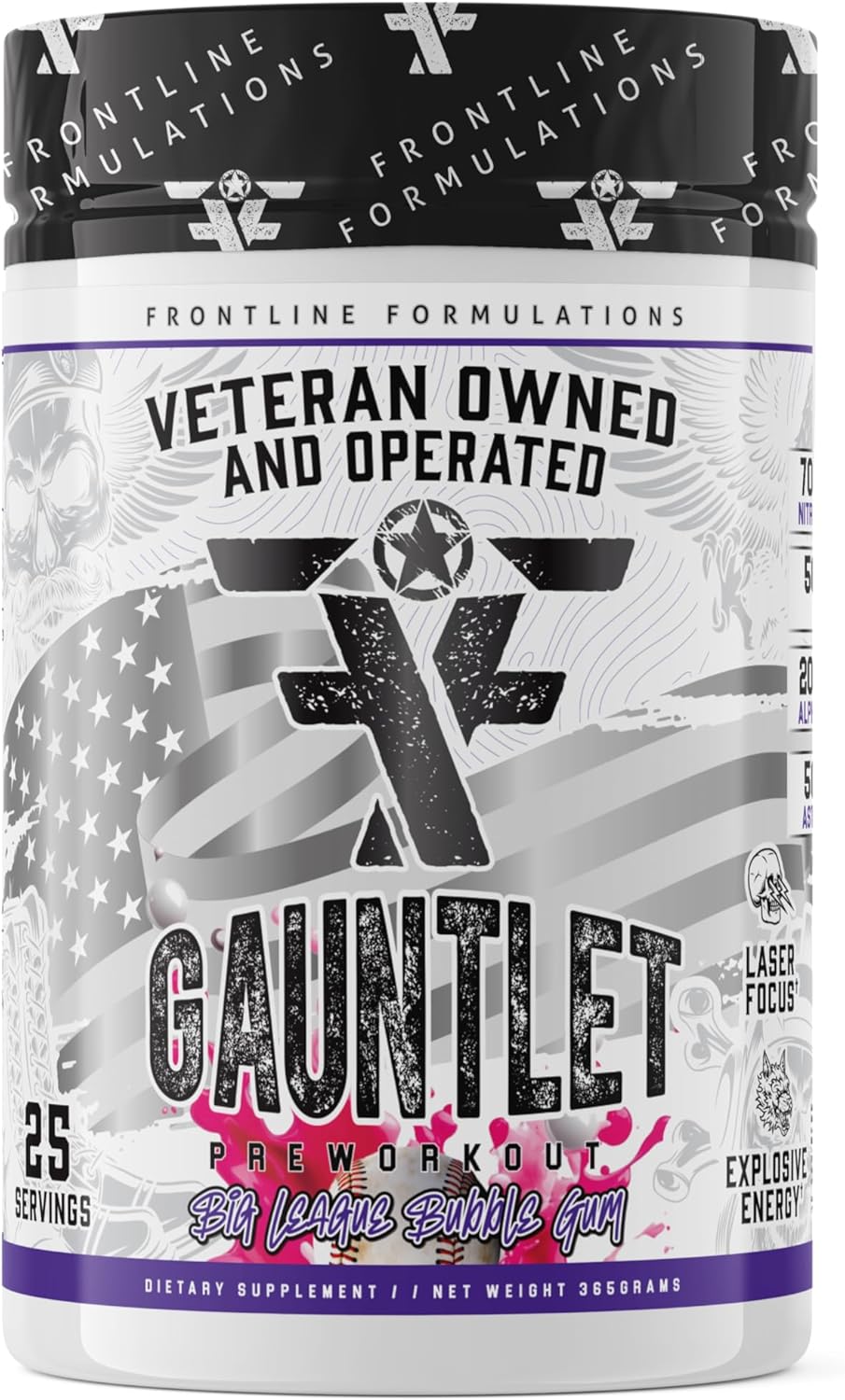 Frontline Formulations Gauntlet Pre-Workout Powder - Explosive Workouts with Laser Focus - Veteran Owned - 25 Servings - Big League Bubblegum Flavor