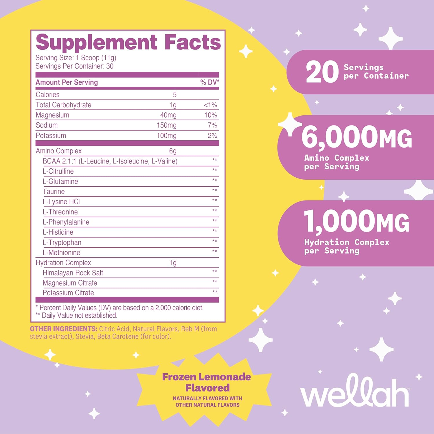 Frozen Lemonade Flavored BCAA Powder for Muscle Recovery and Hydration - 30 Servings by Wellah