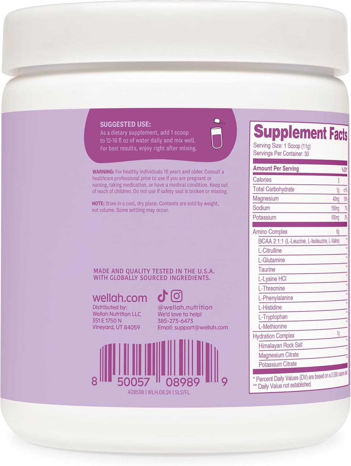 Frozen Lemonade Flavored BCAA Powder for Muscle Recovery and Hydration - 30 Servings by Wellah