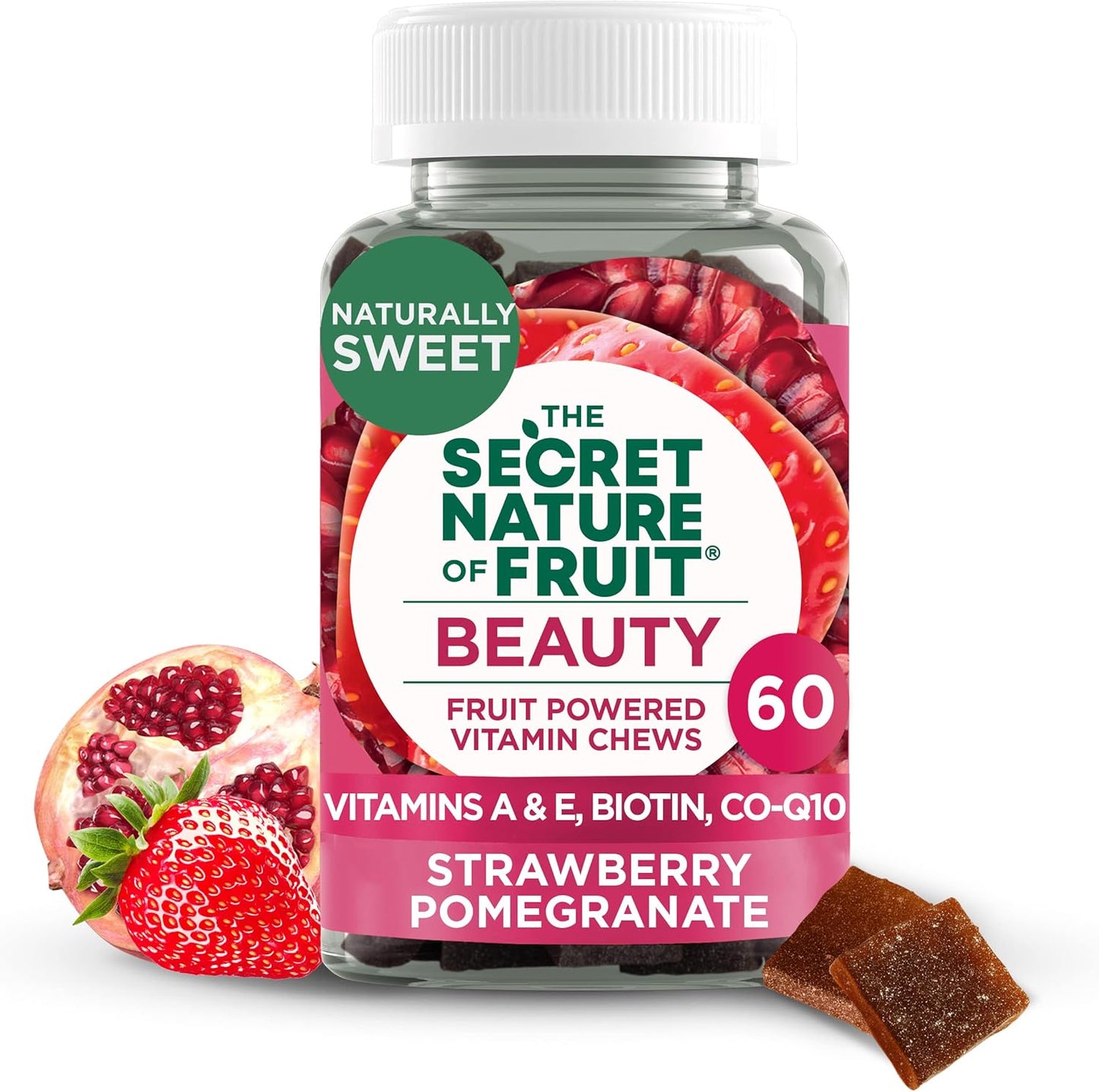 Fruit Beauty Chews with Vitamins A & E, Biotin, CoQ10, Strawberry & Pomegranate (60 Count) - Real Fruit Powered Vitamin Gummies for Hair, Skin & Nails