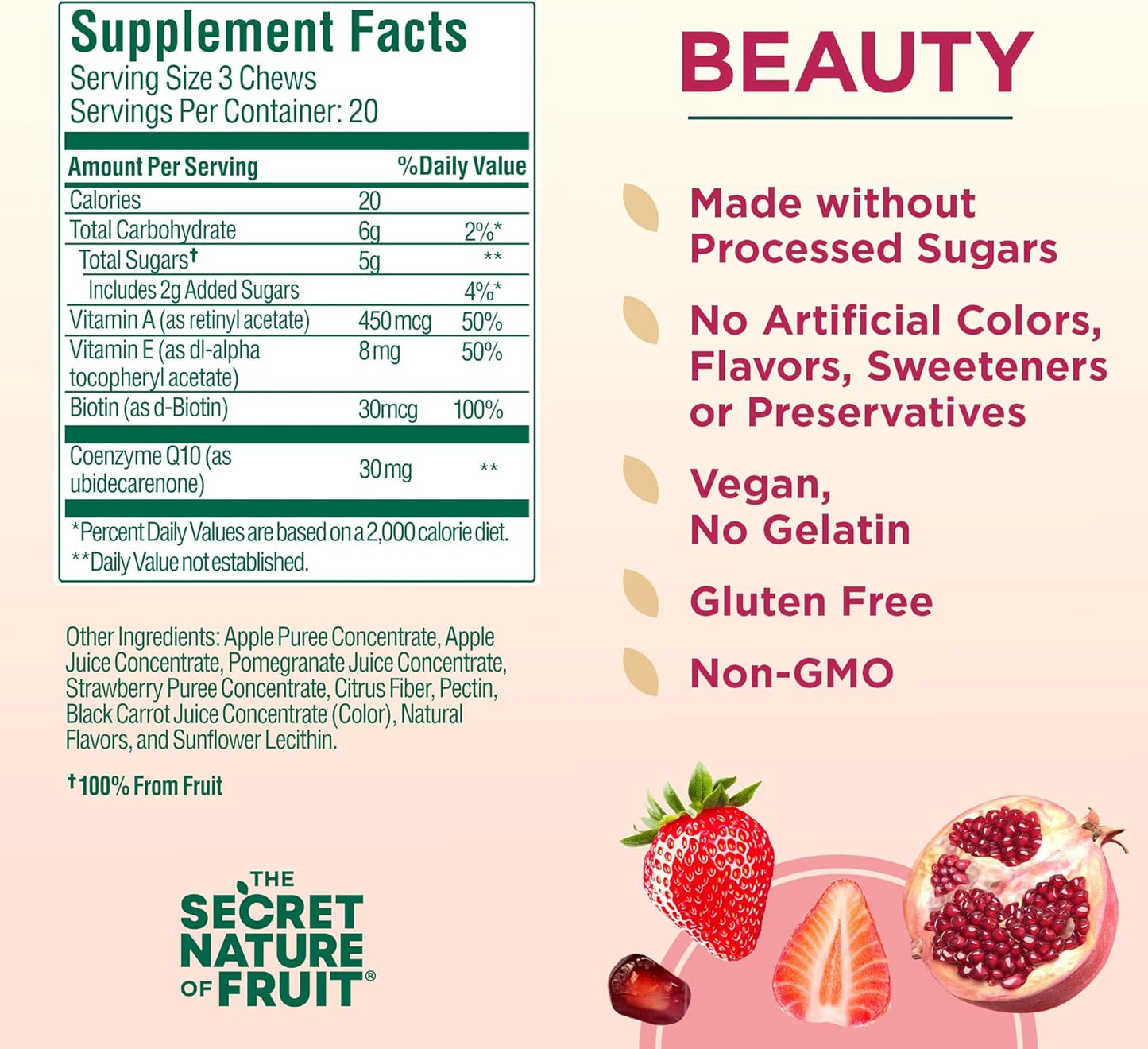 Fruit Beauty Chews with Vitamins A & E, Biotin, CoQ10, Strawberry & Pomegranate (60 Count) - Real Fruit Powered Vitamin Gummies for Hair, Skin & Nails