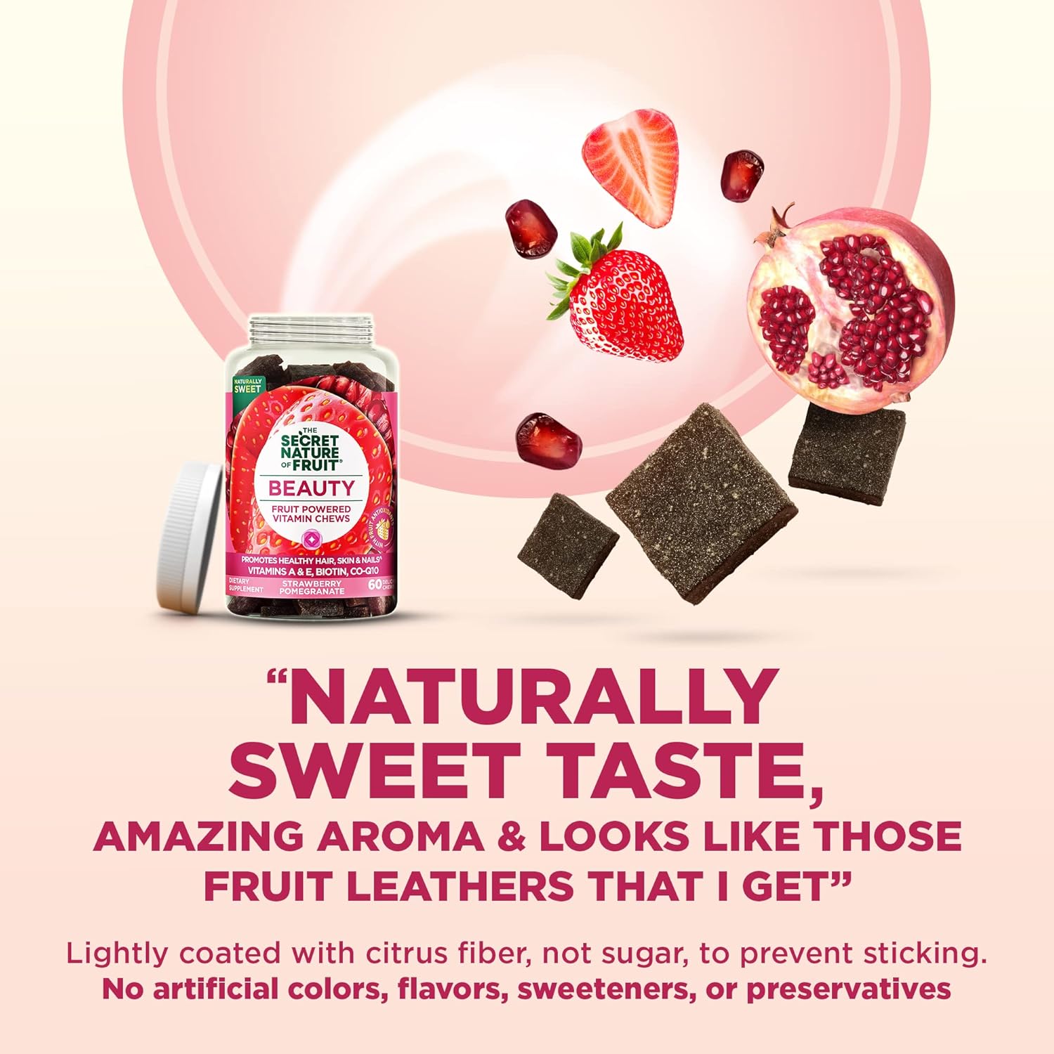 Fruit Beauty Chews with Vitamins A & E, Biotin, CoQ10, Strawberry & Pomegranate (60 Count) - Real Fruit Powered Vitamin Gummies for Hair, Skin & Nails