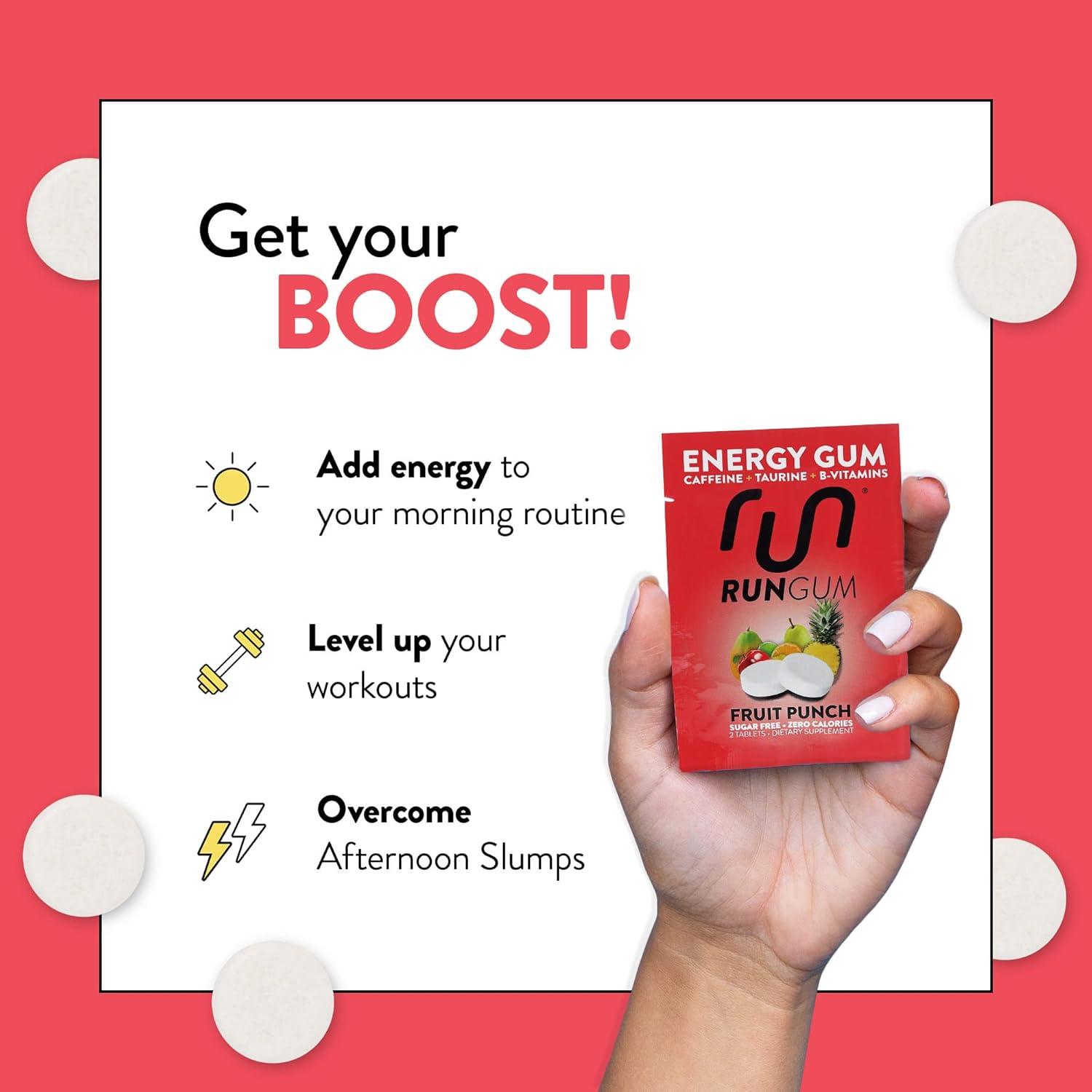 Fruit Punch Energy Chewing Gum with 50mg Caffeine, Taurine, and B-Vitamins - Pack of 288 Pieces - Sugar Free and Gluten Free - BoostGo Australia