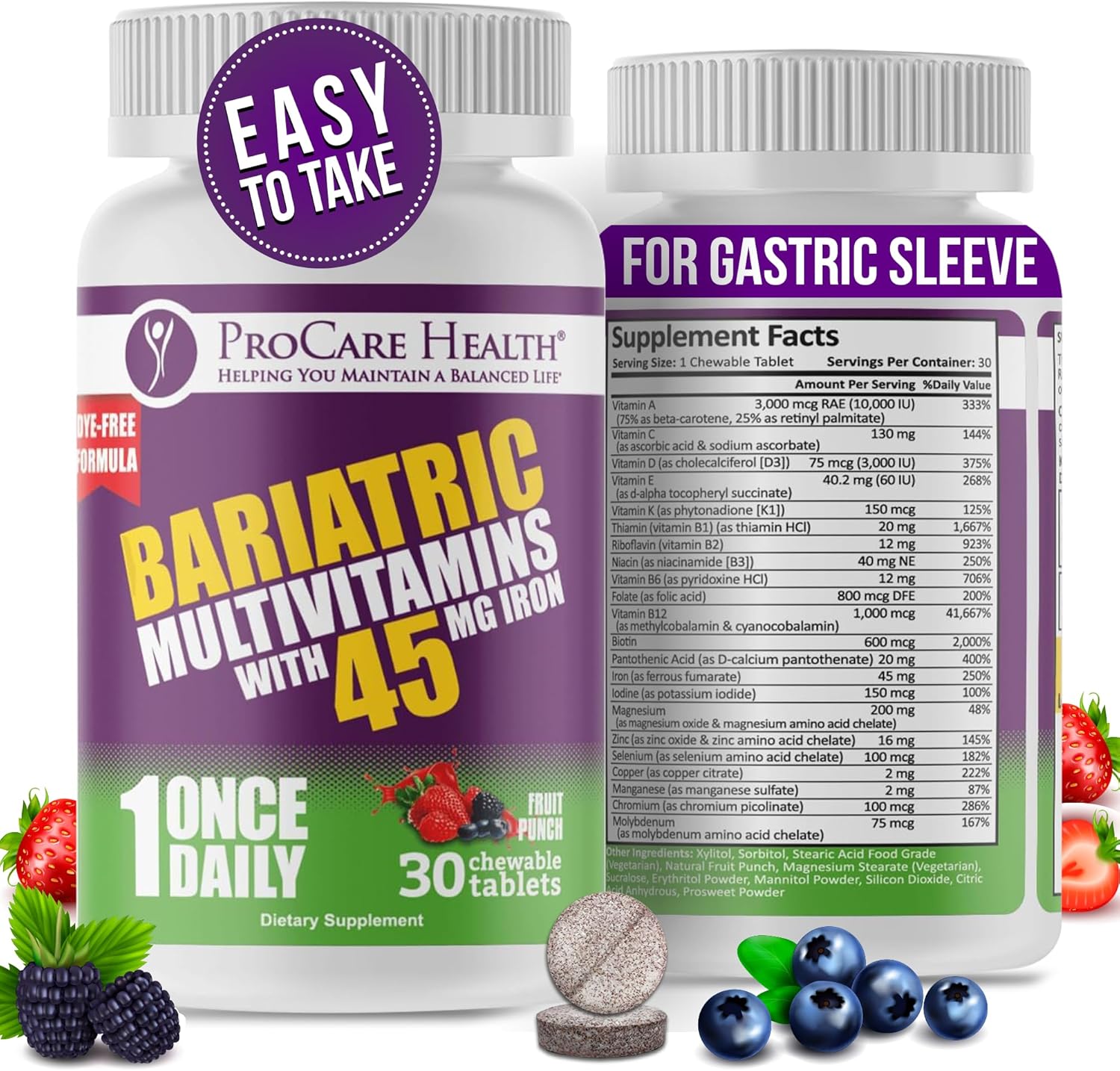 Fruit Punch Flavored Bariatric Multivitamin Chewable Tablets with Iron - 30 Tablets, 45mg - Ideal for Gastric Bypass and Sleeve Gastrectomy Patients - 1 Month Supply