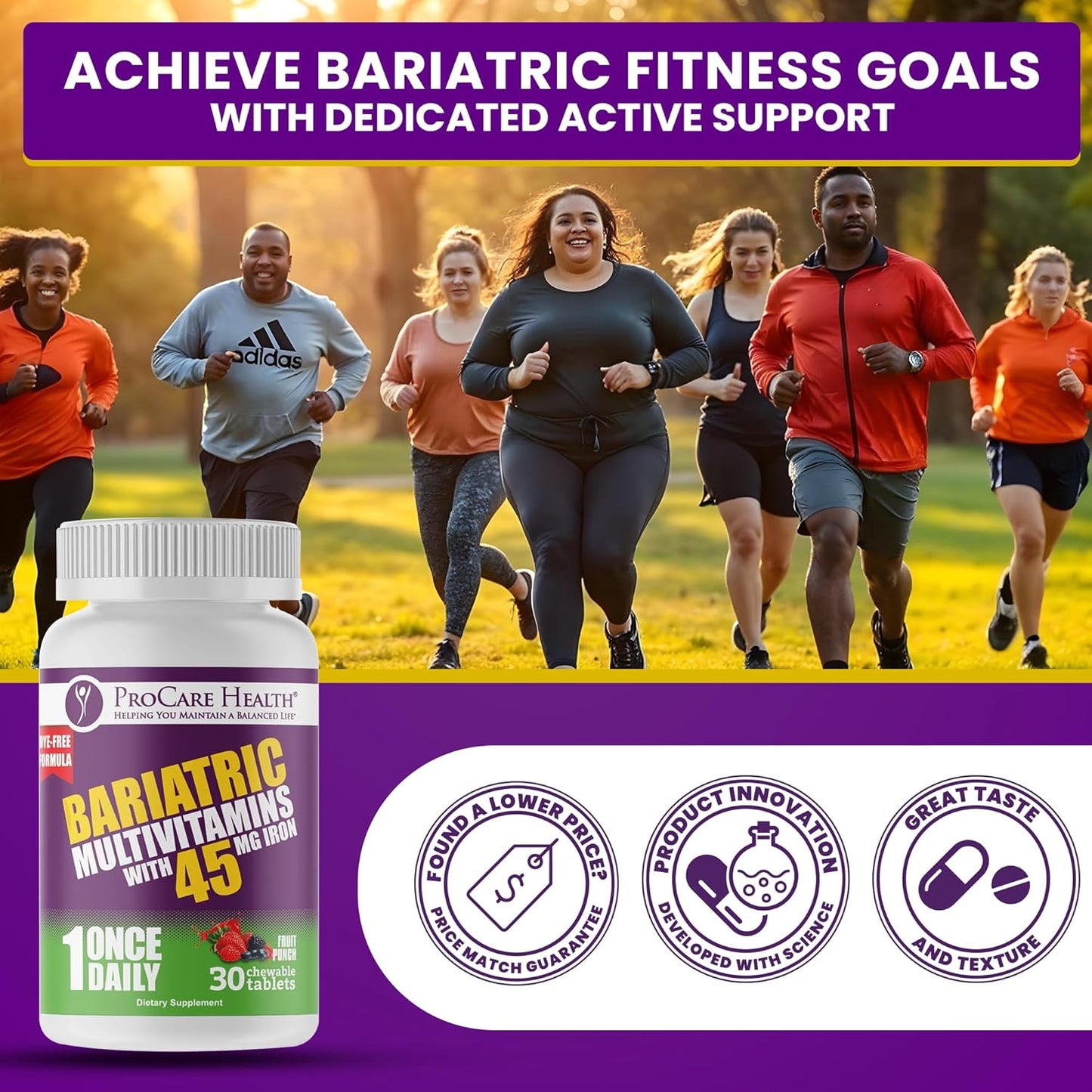 Fruit Punch Flavored Bariatric Multivitamin Chewable Tablets with Iron - 30 Tablets, 45mg - Ideal for Gastric Bypass and Sleeve Gastrectomy Patients - 1 Month Supply