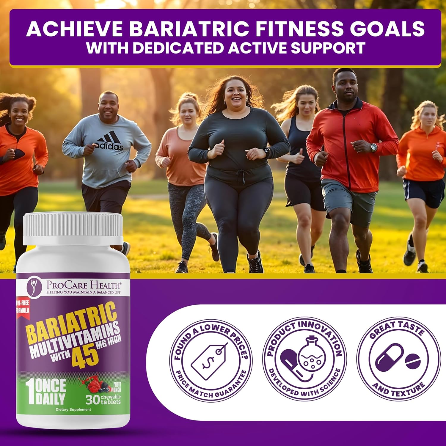 Fruit Punch Flavored Bariatric Multivitamin Chewable Tablets with Iron - 30 Tablets, 45mg - Ideal for Gastric Bypass and Sleeve Gastrectomy Patients - 1 Month Supply