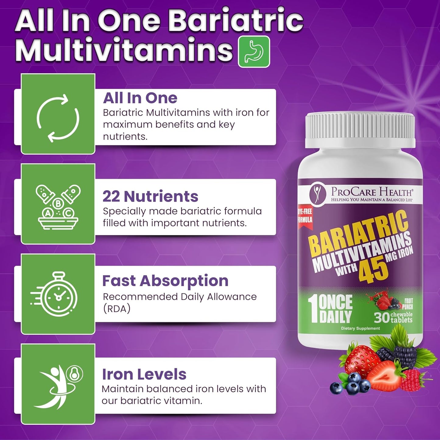 Fruit Punch Flavored Bariatric Multivitamin Chewable Tablets with Iron - 30 Tablets, 45mg - Ideal for Gastric Bypass and Sleeve Gastrectomy Patients - 1 Month Supply