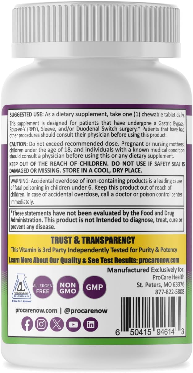 Fruit Punch Flavored Bariatric Multivitamin Chewable Tablets with Iron - 30 Tablets, 45mg - Ideal for Gastric Bypass and Sleeve Gastrectomy Patients - 1 Month Supply