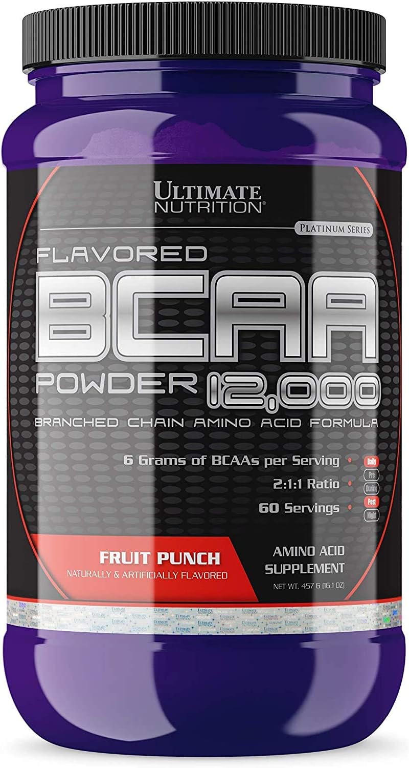 Fruit Punch Flavored BCAA Powder Supplement with 12000 Branched Chain Amino Acids - Caffeine-Free, 60 Servings, 3g Leucine, 1.5g Valine, 1.5g Isoleucine