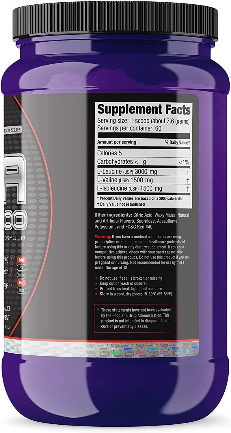 Fruit Punch Flavored BCAA Powder Supplement with 12000 Branched Chain Amino Acids - Caffeine-Free, 60 Servings, 3g Leucine, 1.5g Valine, 1.5g Isoleucine