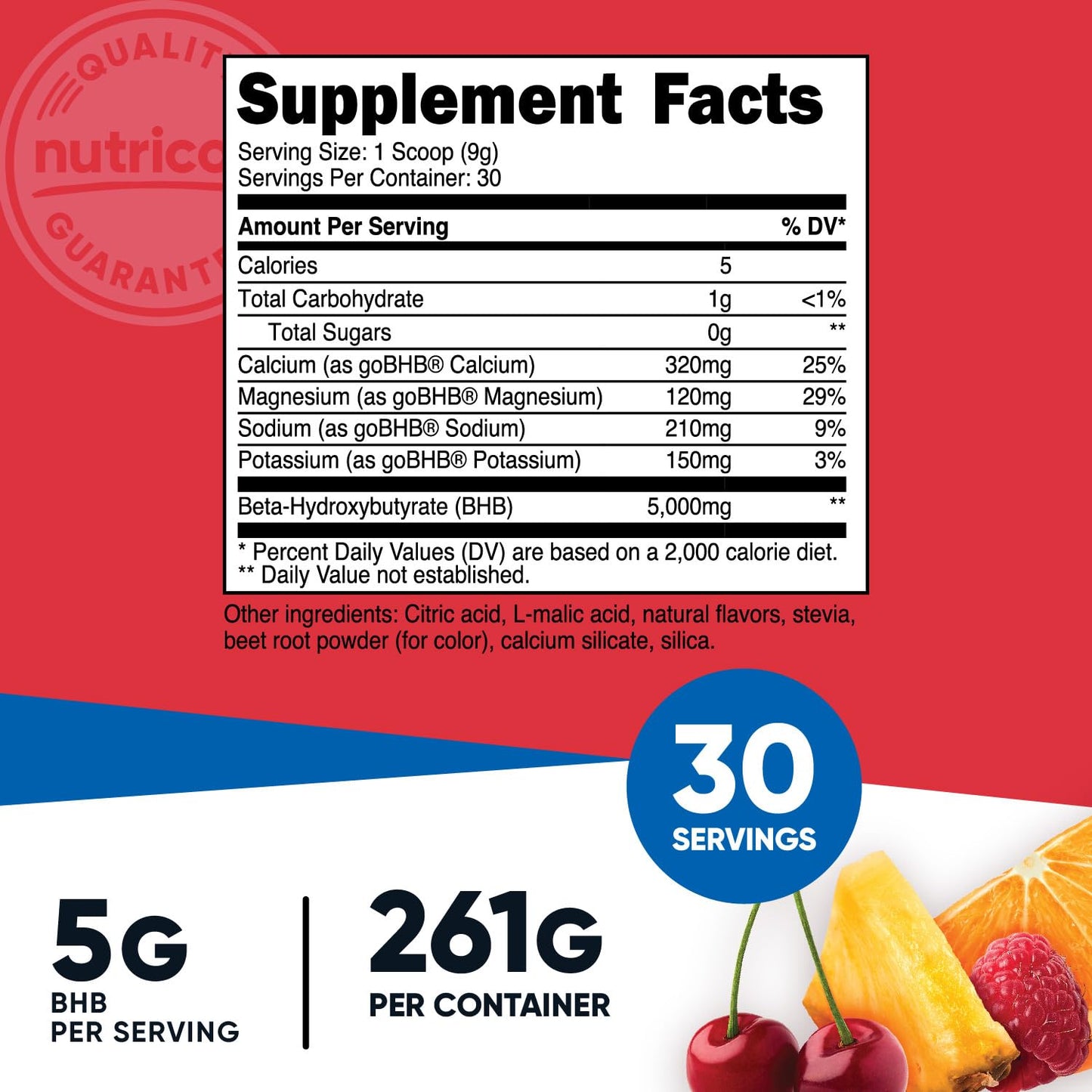 Fruit Punch Flavored BHB Salts Drink Mix by Nutricost - 30 Servings, 5G BHB Per Serving, 0G Total Sugars - Vegetarian