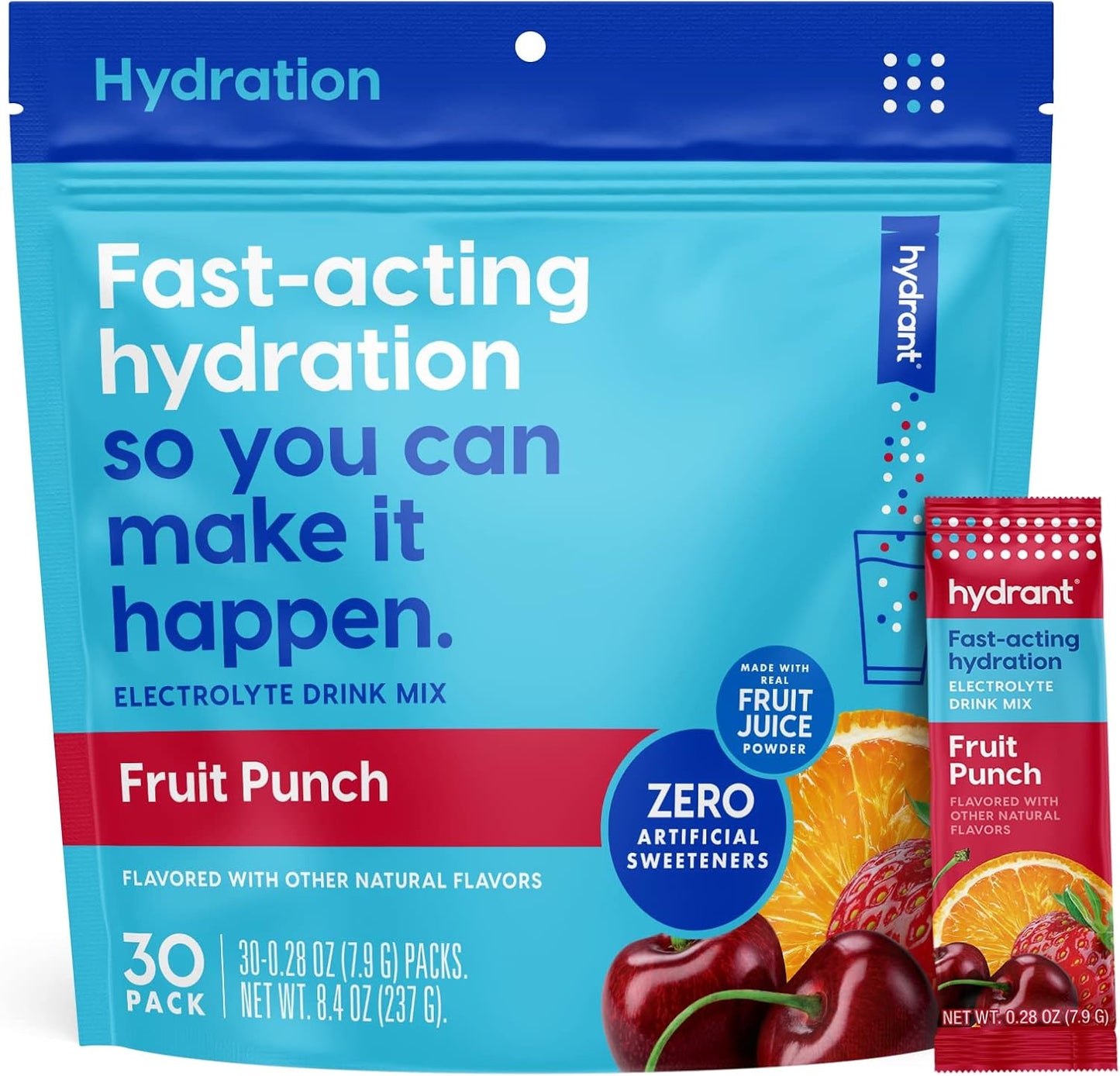 Fruit Punch Hydrant Hydration Electrolyte Powder Stick Packets - 30 Pack, No Artificial Sweeteners, Colors, Fillers - Individual Hydrate