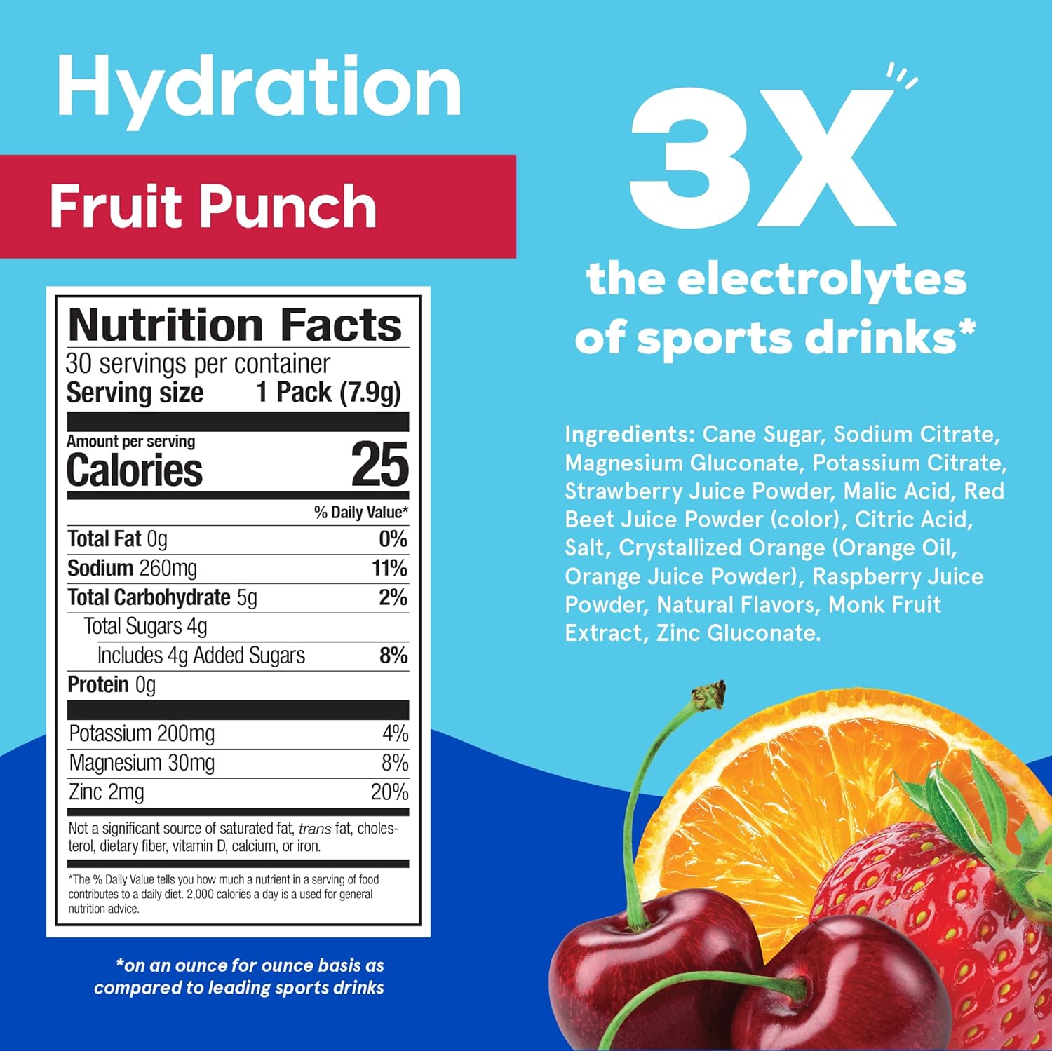 Fruit Punch Hydrant Hydration Electrolyte Powder Stick Packets - 30 Pack, No Artificial Sweeteners, Colors, Fillers - Individual Hydrate