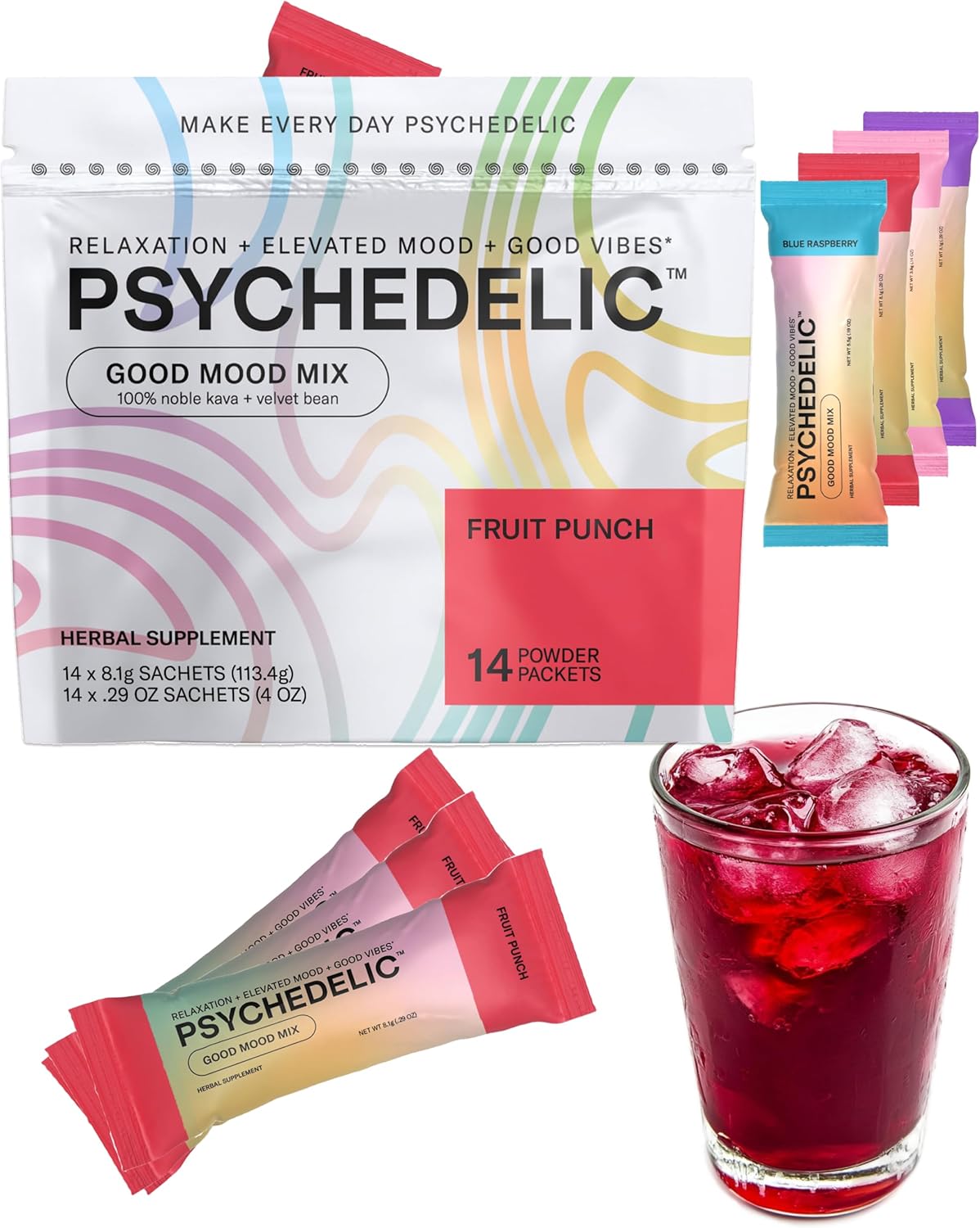 Fruit Punch Psychedelic Water Mix with Calming Kava Powder Packets for Non-Alcoholic Mocktails - 14 Single-Serving Sticks