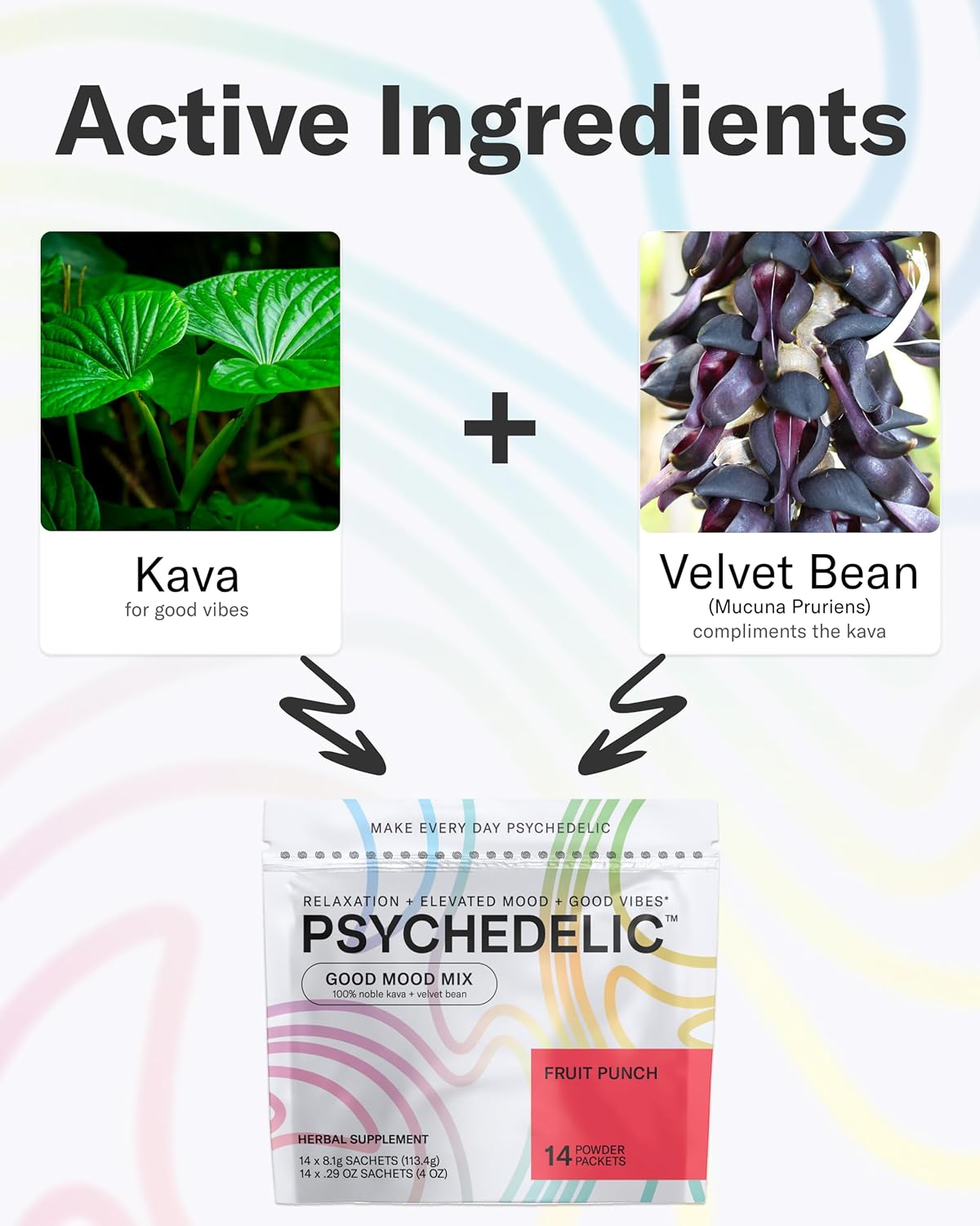 Fruit Punch Psychedelic Water Mix with Calming Kava Powder Packets for Non-Alcoholic Mocktails - 14 Single-Serving Sticks