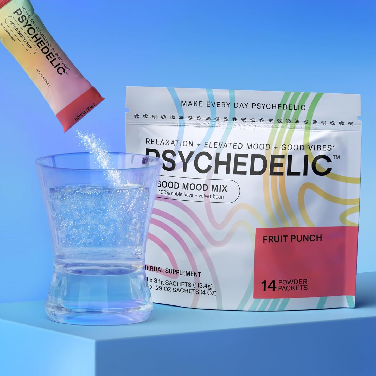 Fruit Punch Psychedelic Water Mix with Calming Kava Powder Packets for Non-Alcoholic Mocktails - 14 Single-Serving Sticks