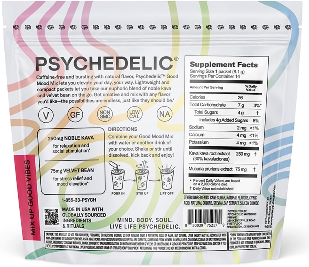 Fruit Punch Psychedelic Water Mix with Calming Kava Powder Packets for Non-Alcoholic Mocktails - 14 Single-Serving Sticks