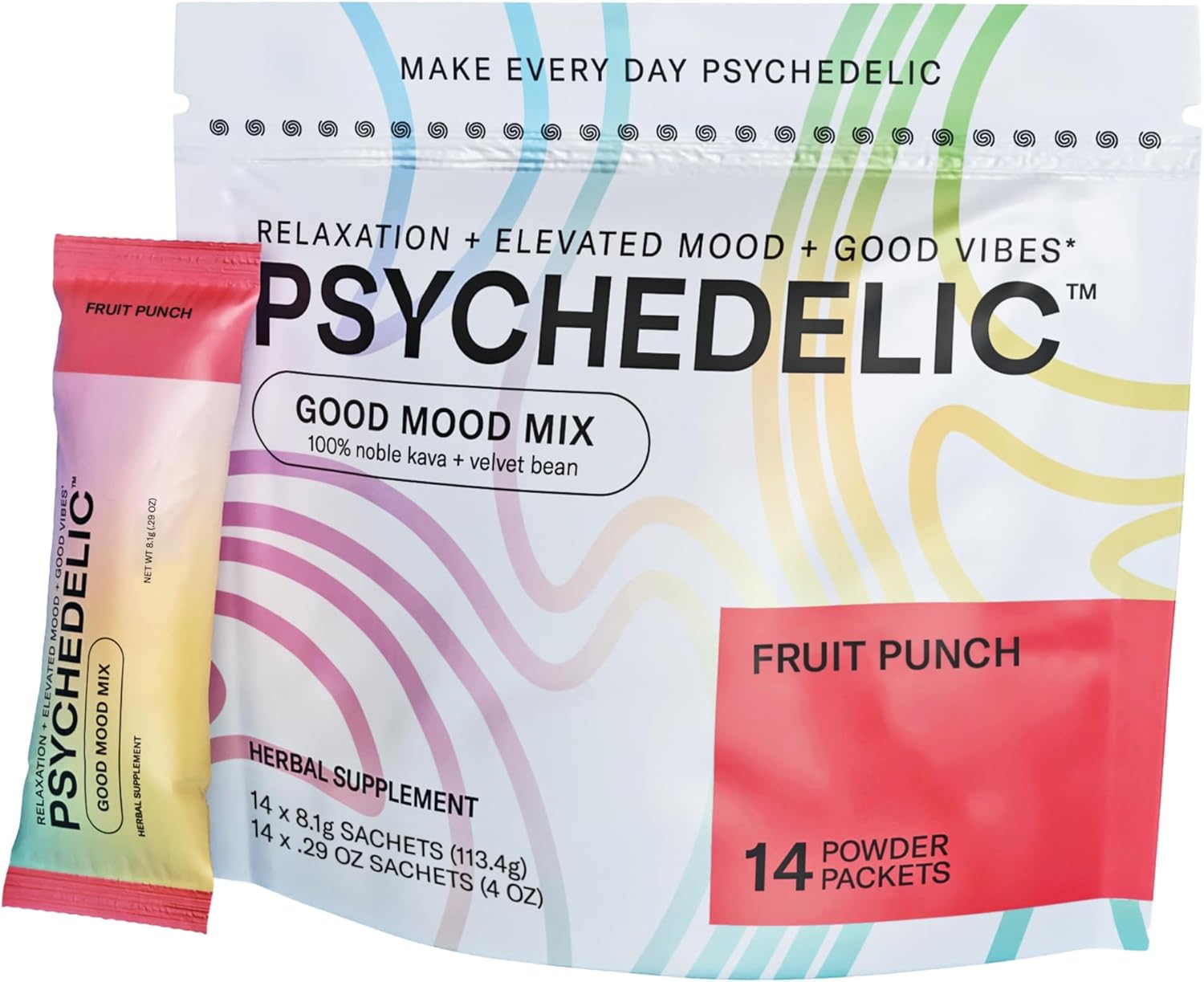 Fruit Punch Psychedelic Water Mix with Calming Kava Powder Packets for Non-Alcoholic Mocktails - 14 Single-Serving Sticks