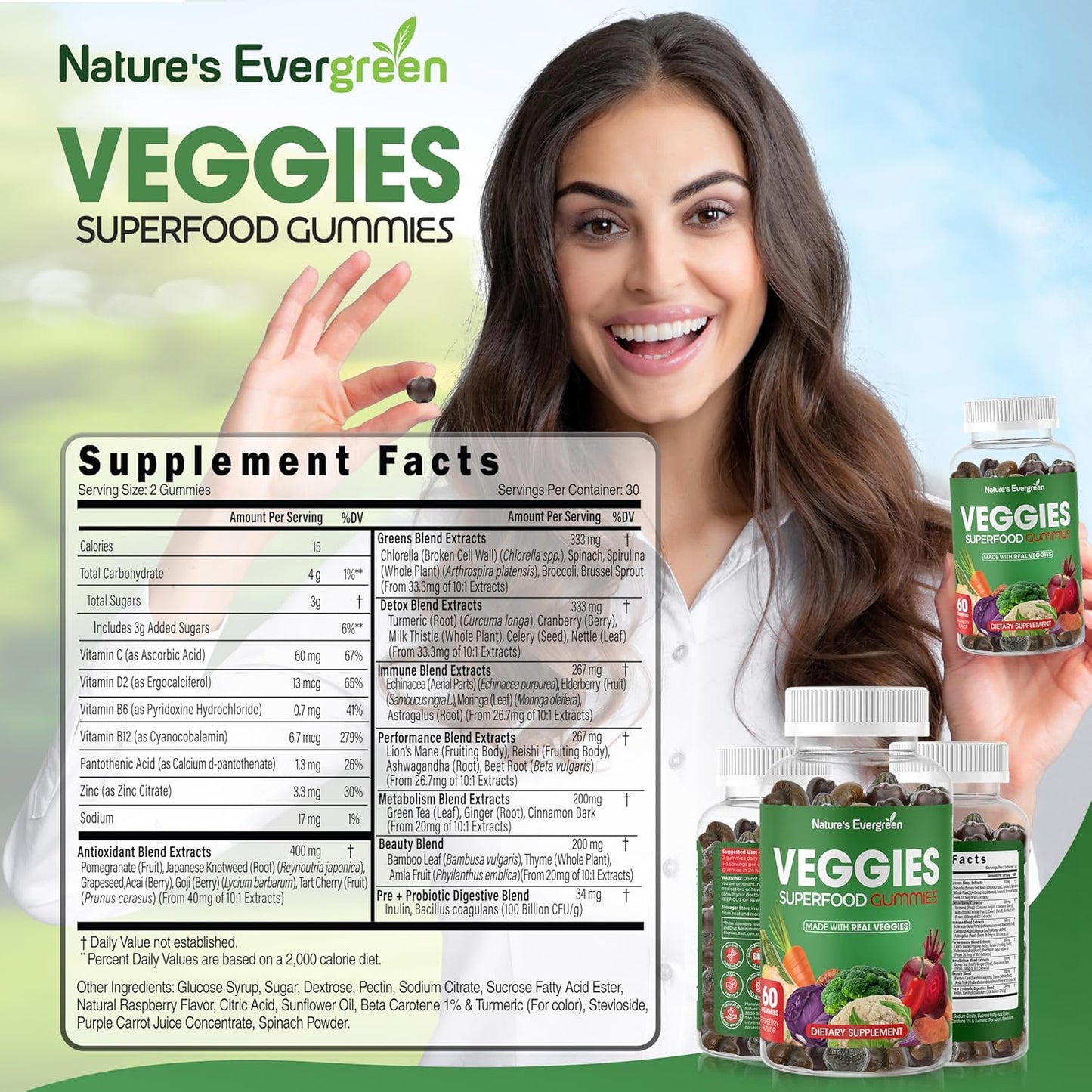 Fruits and Vegetables Superfood Gummies Supplement - 120 Gummies, Vegan, Non-GMO, Gluten-Free - Nature's Vitamins for Nutritional Balance, Made in USA