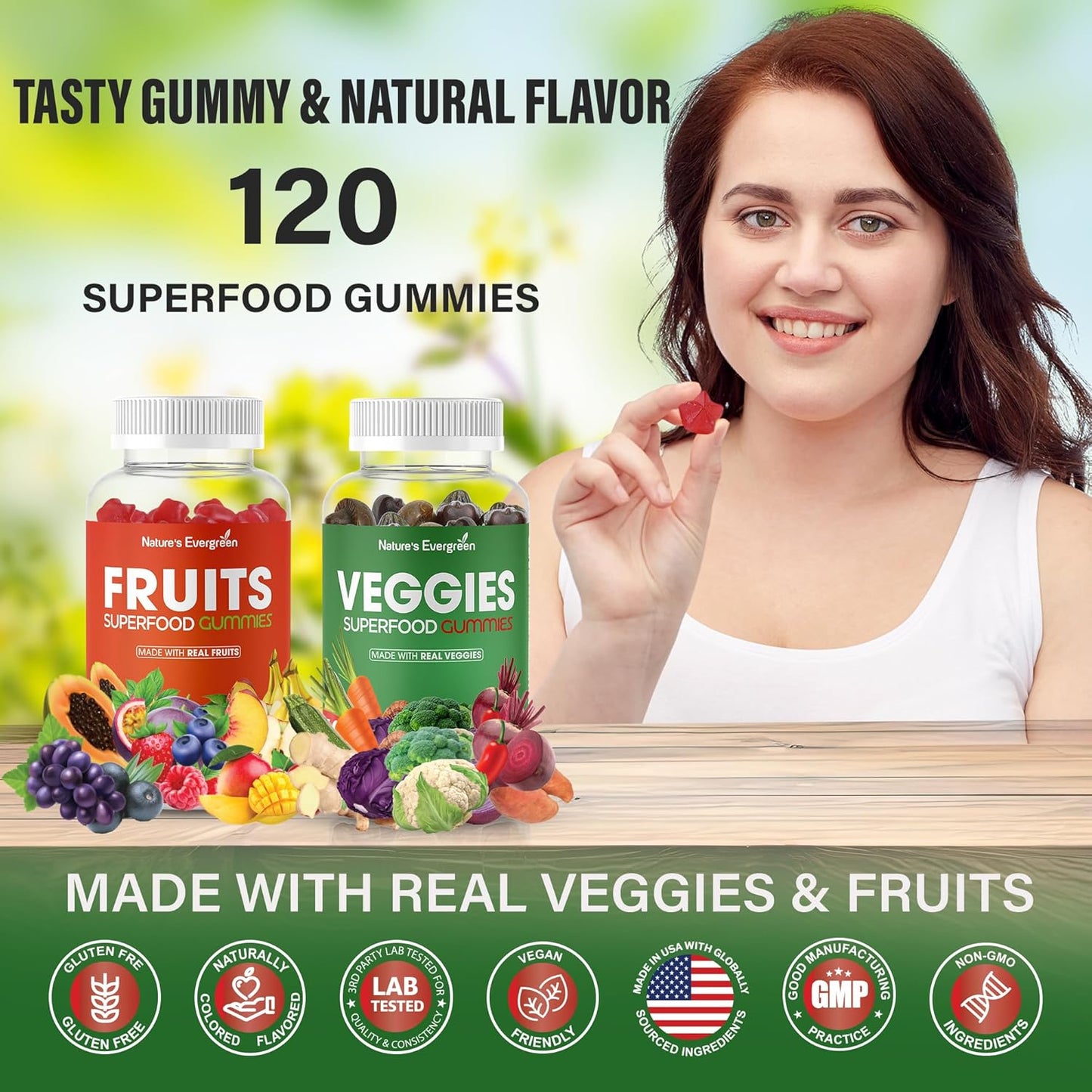 Fruits and Vegetables Superfood Gummies Supplement - 120 Gummies, Vegan, Non-GMO, Gluten-Free - Nature's Vitamins for Nutritional Balance, Made in USA