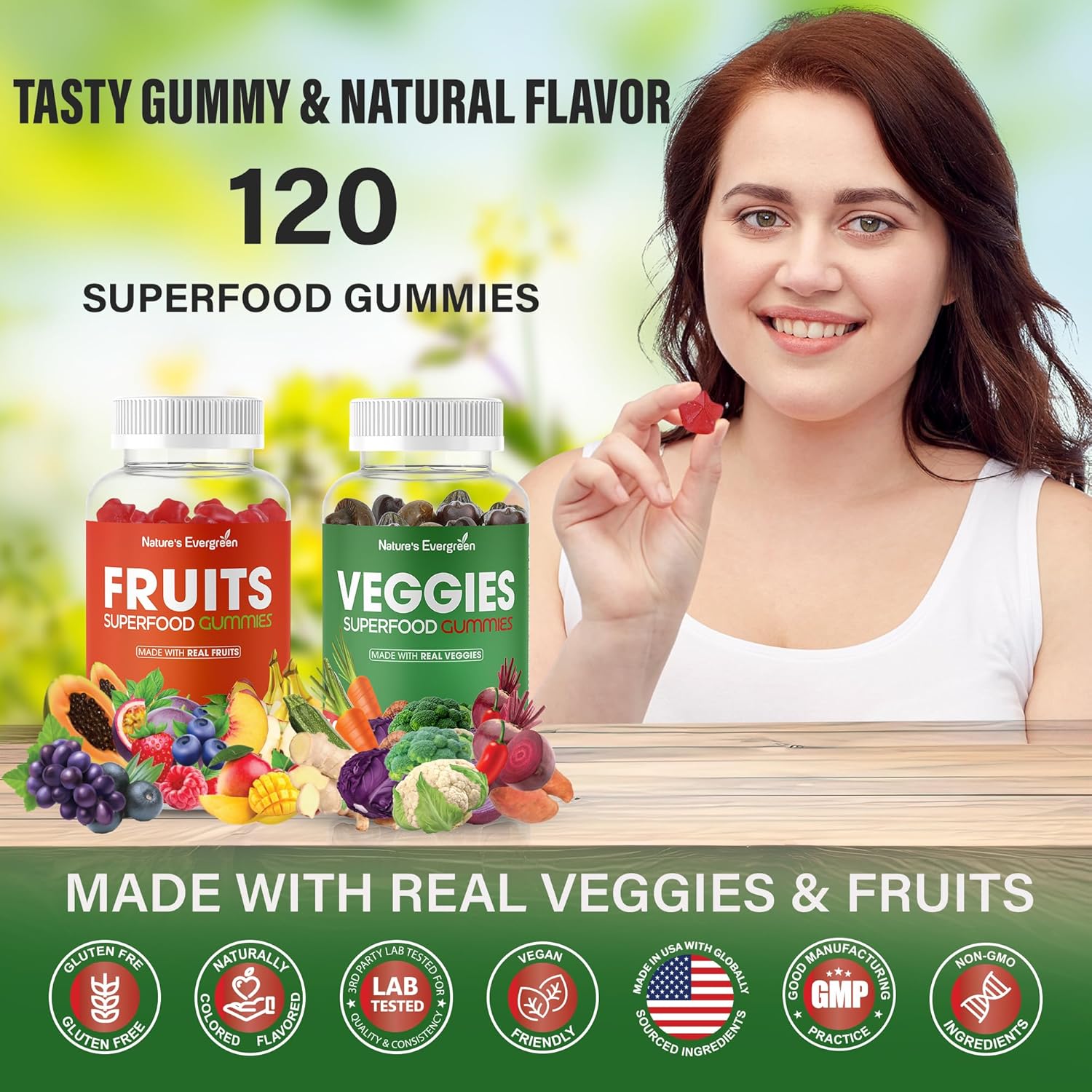 Fruits and Vegetables Superfood Gummies Supplement - 120 Gummies, Vegan, Non-GMO, Gluten-Free - Nature's Vitamins for Nutritional Balance, Made in USA